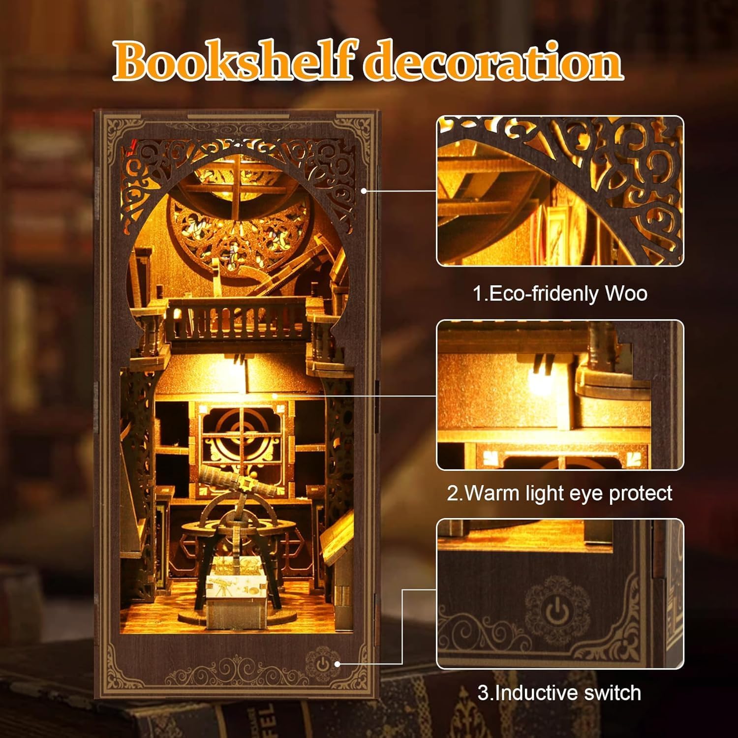 Book Nook Kit for Adult - Miniature Model Build Dollhouse Kit 3D Wooden Puzzle with Sensor Led Light for Bookshelf Bookend Insert Decor Adults Teen Crafts(Astronomy Museum)