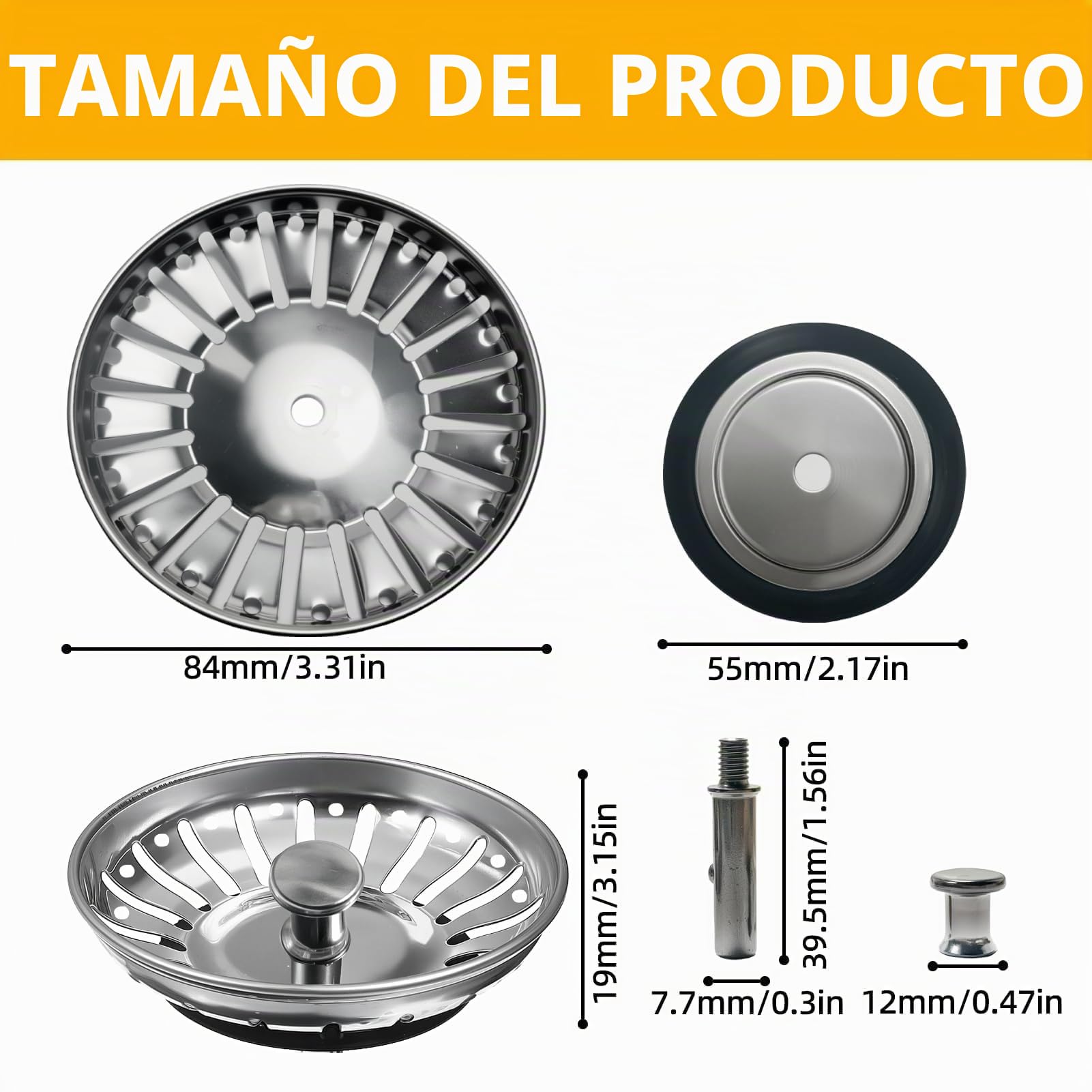84mm Fregadero de Cocina Tapón de Acero Inoxidable, Colador y Filtro para Desagüe, Tapones de Repuesto para Sumidero, Escurridor de Comida, Rejilla de 84-85mm