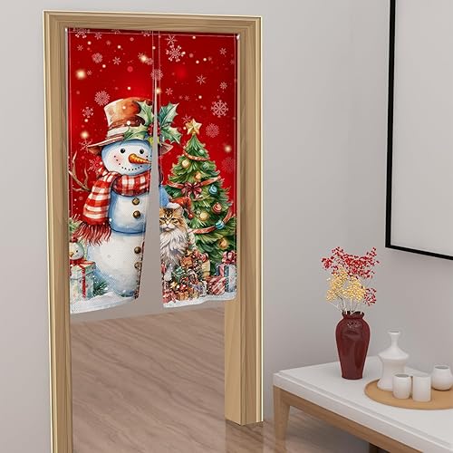 Miniatura 4 de Cortina de puerta japonesa Noren roja de Navidad, cortina Noren divertida cortina de muñeco de nieve y gato, árbol de Navidad, tapiz de entrada,