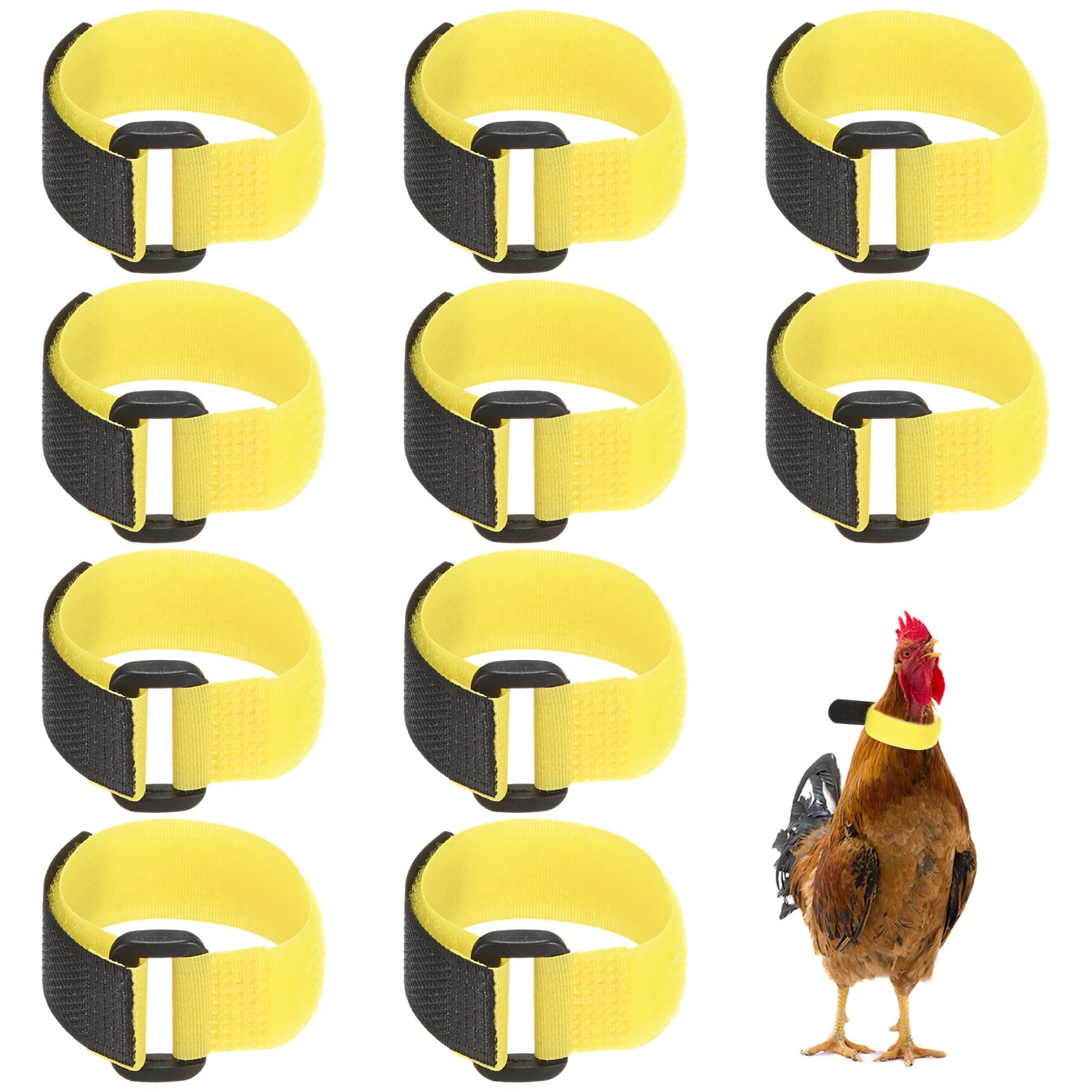 M METERXITY 10-Pack Rooster Collars, 8.07" x 0.79" Adjustable Soft Polyester Anti-Noise Neck Belt for Chickens and Poultry Birds, Noise Control Collar [Yellow]