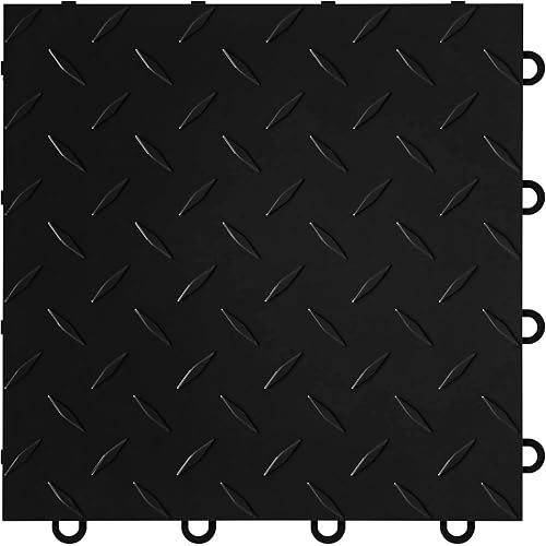 Nitro Tiles by FlooringInc 12" x 12" Interlocking Garage Floor Tiles, Diamond Pattern Heavy Duty Polypropylene Flooring, Modular Snap-Together Non-Slip Floor Tile, Midnight Black, 52-Pack (52 Sq Ft)