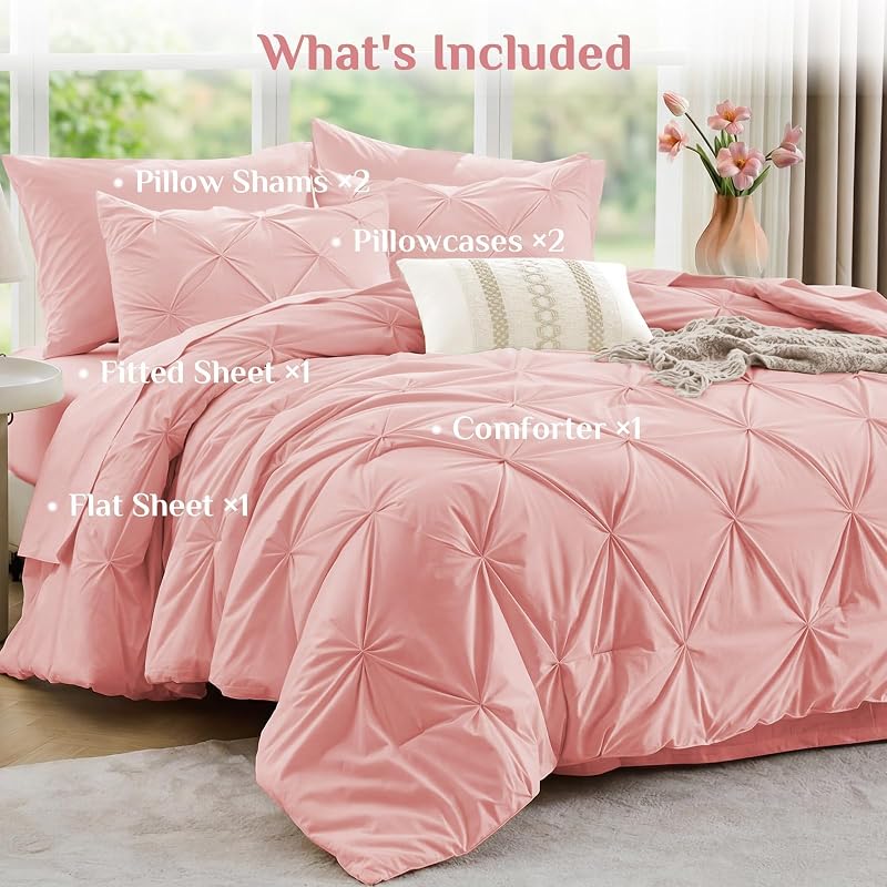 JOLLYVOGUE Queen Comforter Set 7 Pieces - Bed in a Bag Queen for All Season, Pintuck Bedding Comforter Sets with Comforter, Flat Sheet, Fitted Sheet and Pillowcases & Shams, Pink image 7