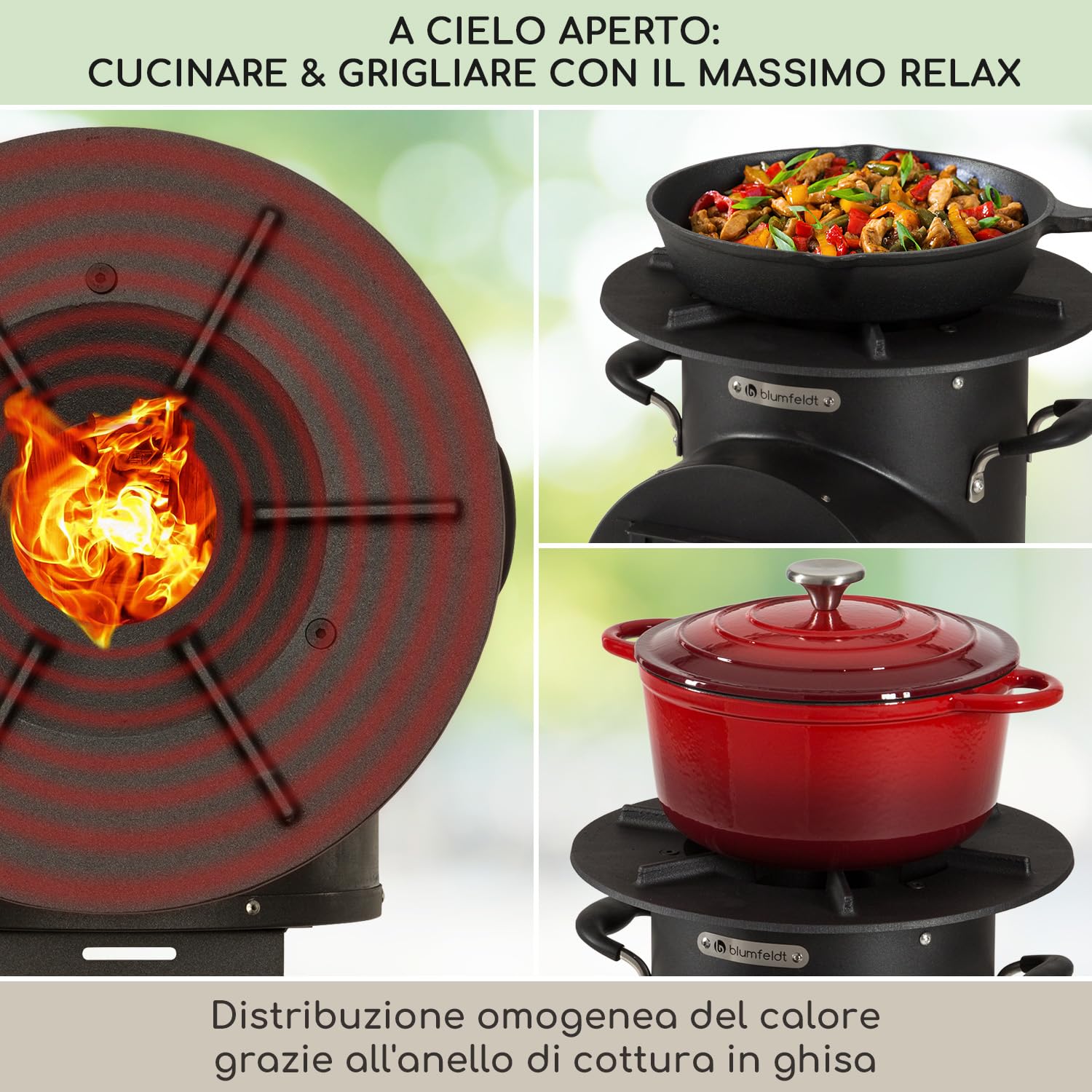 blumfeldt Braciere da Giardino Esterno, Braciere da Esterno Portatile, Braciere da Giardino con Griglia, Posacenere e Attizzatoio, Bracere Esterno Legna, Griglia Barbecue da Campeggio con Base Legno