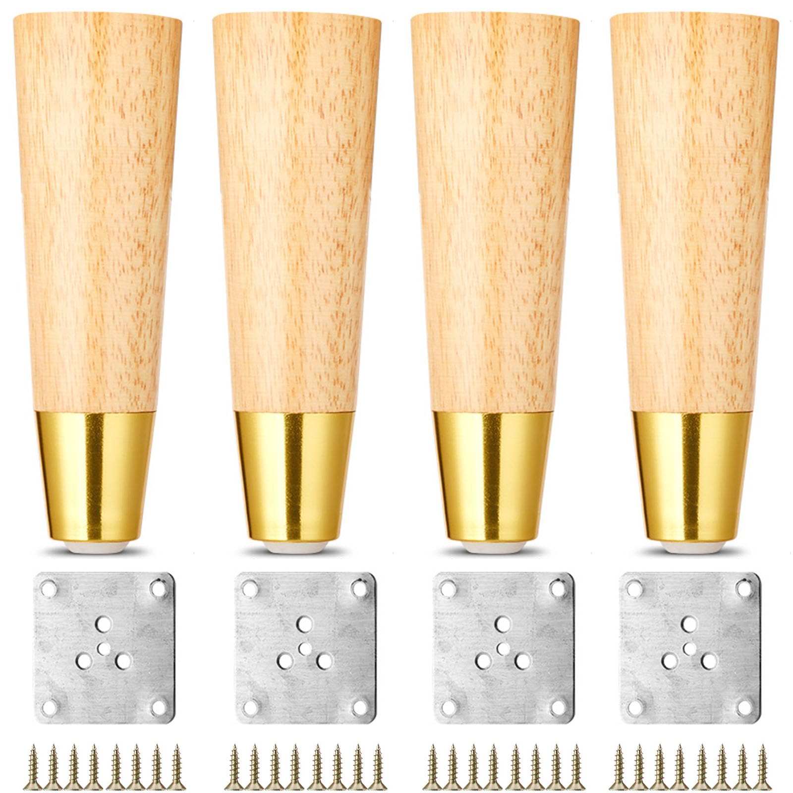 4 Pack Solid Oak Wood Furniture Legs,Wooden Sofa Replacement Legs Cabinet Legs with Metal Cap,Dresser Couch Table Legs,Tapered Cupboard Feet with Mounting Plate and Screws (12cm(4.7in),Vertical)