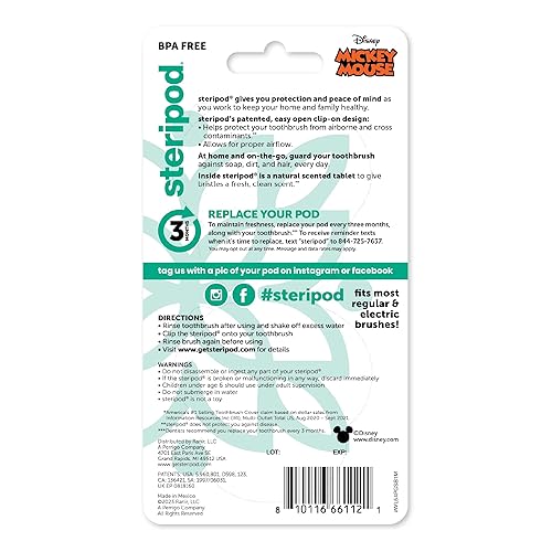 Miniatura 2 de Steripod Protector de cepillo de dientes con clip para niños, Mickey Mouse, aroma a fresa, mantiene el cepillo de dientes fresco y limpio, se adapta