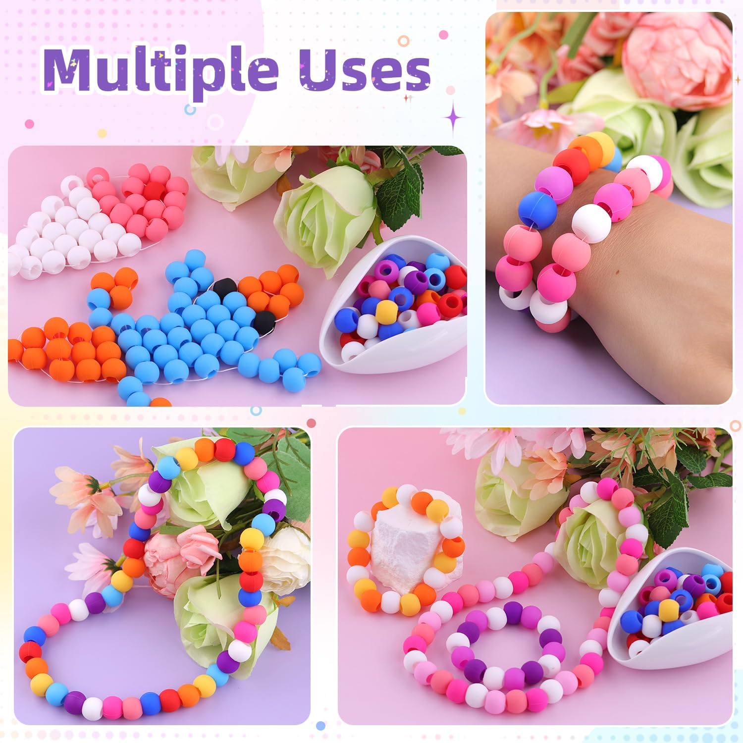 120Pcs 14mm Large Silicone Beads for Hair Braids, Soft Jellyish Hair Beads with 7mm Hole + 50 Rubber Bands and 1 Beader for Braiding, DIY Bracelets Necklaces Crafts (Multicolors) - Image 5