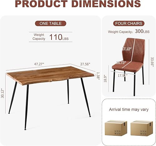 Miniatura 8 de Juego de mesa de comedor para 4, mesa de comedor rectangular irregular de madera moderna, sillas de comedor de cuero, 4 mesas y sillas, juego de 4