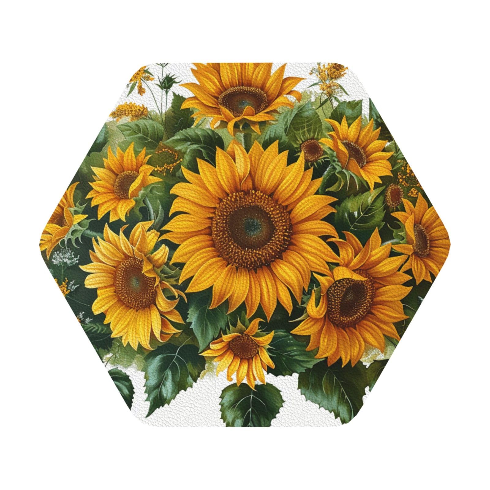 Sunflowers art Print Leather Coaster Set of 6, Hexagon Coasters Table Decorative Coffee Cup Beverage Coasters Wine Beer Bar Coasters for Hot Drinks Table Protection