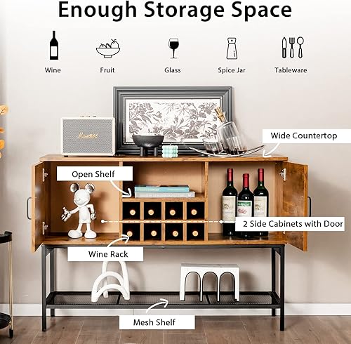 Miniatura 4 de Giantex Armario industrial para vino, aparador de bufé, armario de cocina independiente, estante de malla, armarios de 2 puertas, mesa consola para