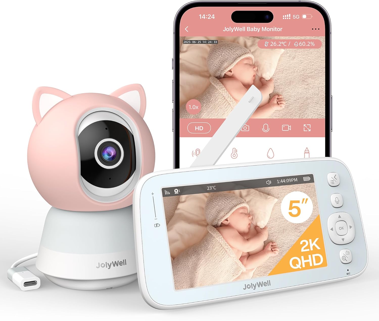 JolyWell Baby Monitor with Camera and Audio, 2K Video Baby Monitor with 5" Screen & App, Pan Tilt Camera, Night Vision, Motion & Cry Detection, Two-Way Talk, VOX, Temp & Humidity Monitor