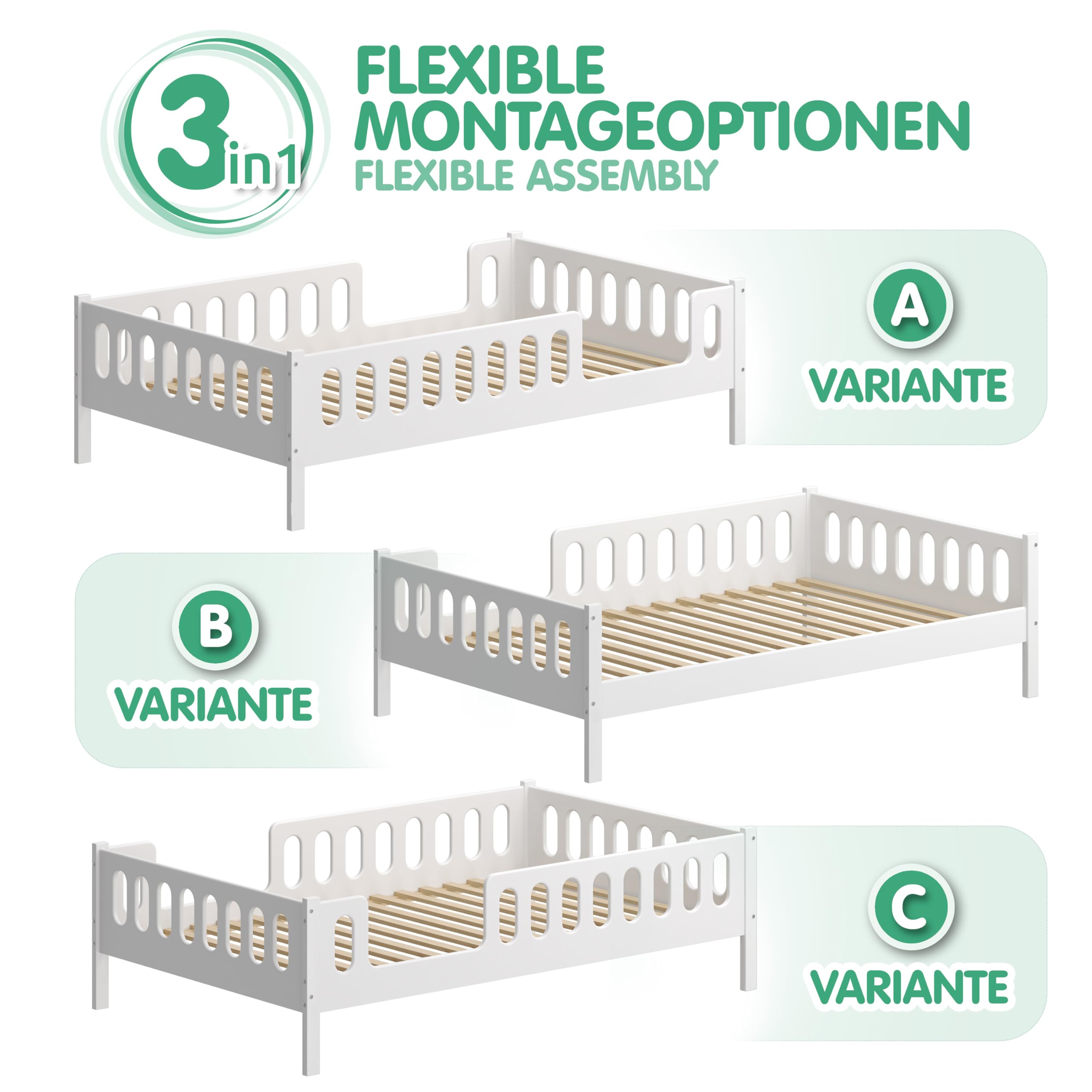 LARS 2 in 1 Letto per bambini Letto per ragazzi 200x90 cm - Bianco, 2 cassetti, Protezione antiribaltamento rimovibile, Convertibile in Letto Junior, Design Montessori, Legno massello, Include doghe