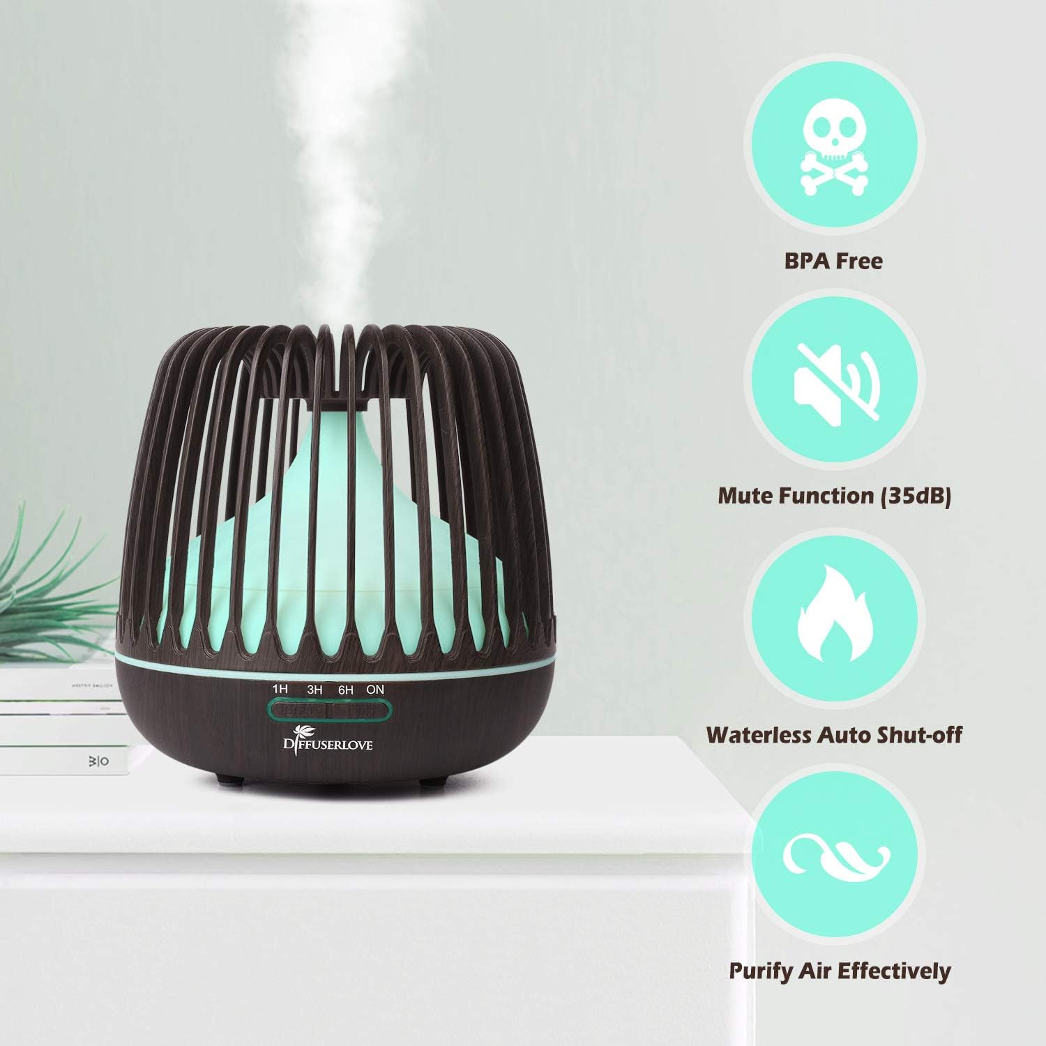 Diffuserlove Essential Oil Diffuser 500ml Ultrasonic Cool Mist Humidifier, Waterless Auto Shut-Off for Home Bedroom Yoga Office Kitchen