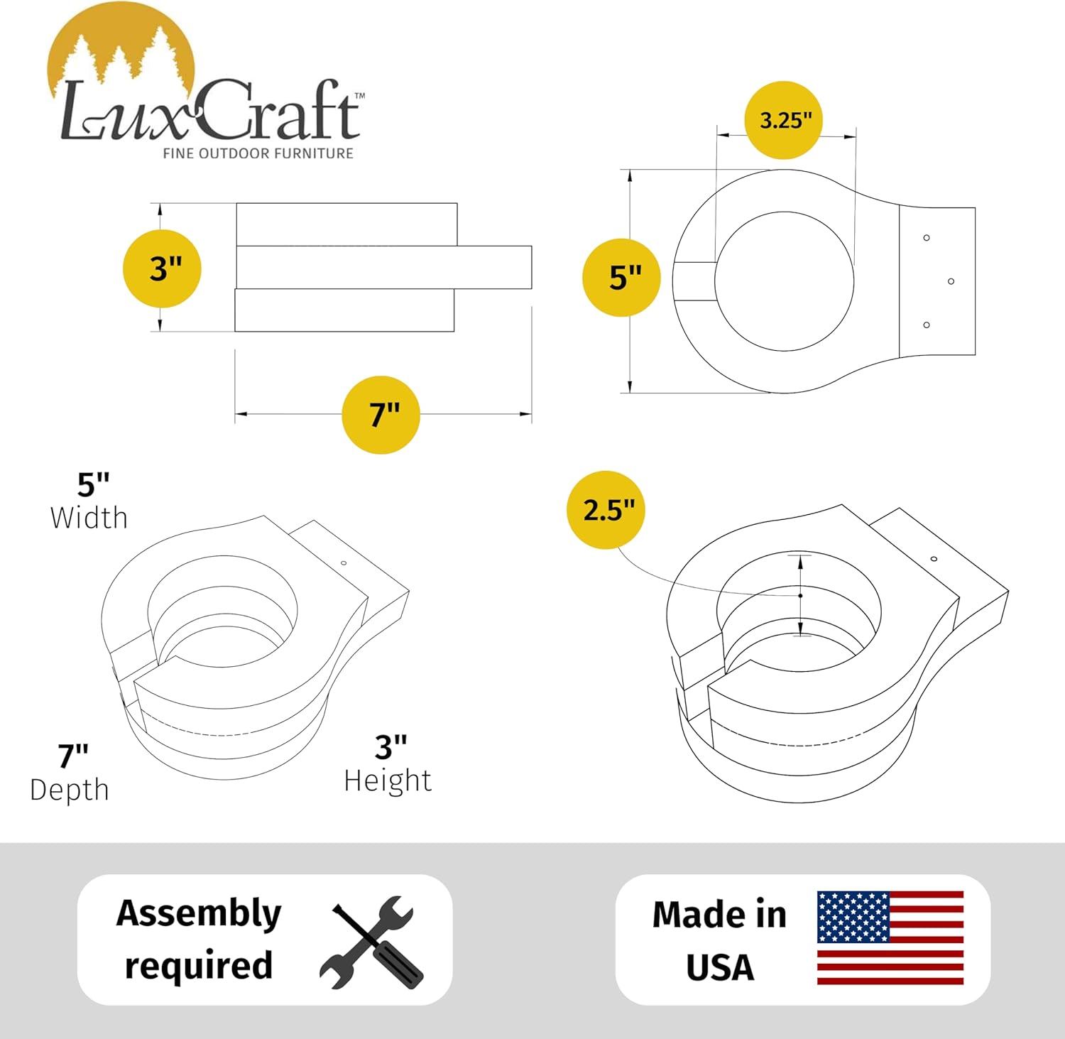 LuxCraft Adirondack Chair Cup Holder Attachment for Outdoor Lounge Furniture, Stationary Drink Holder for Swings, Gliders, Bench, Deck or Camping Chair - Amish Made in America (Blue)