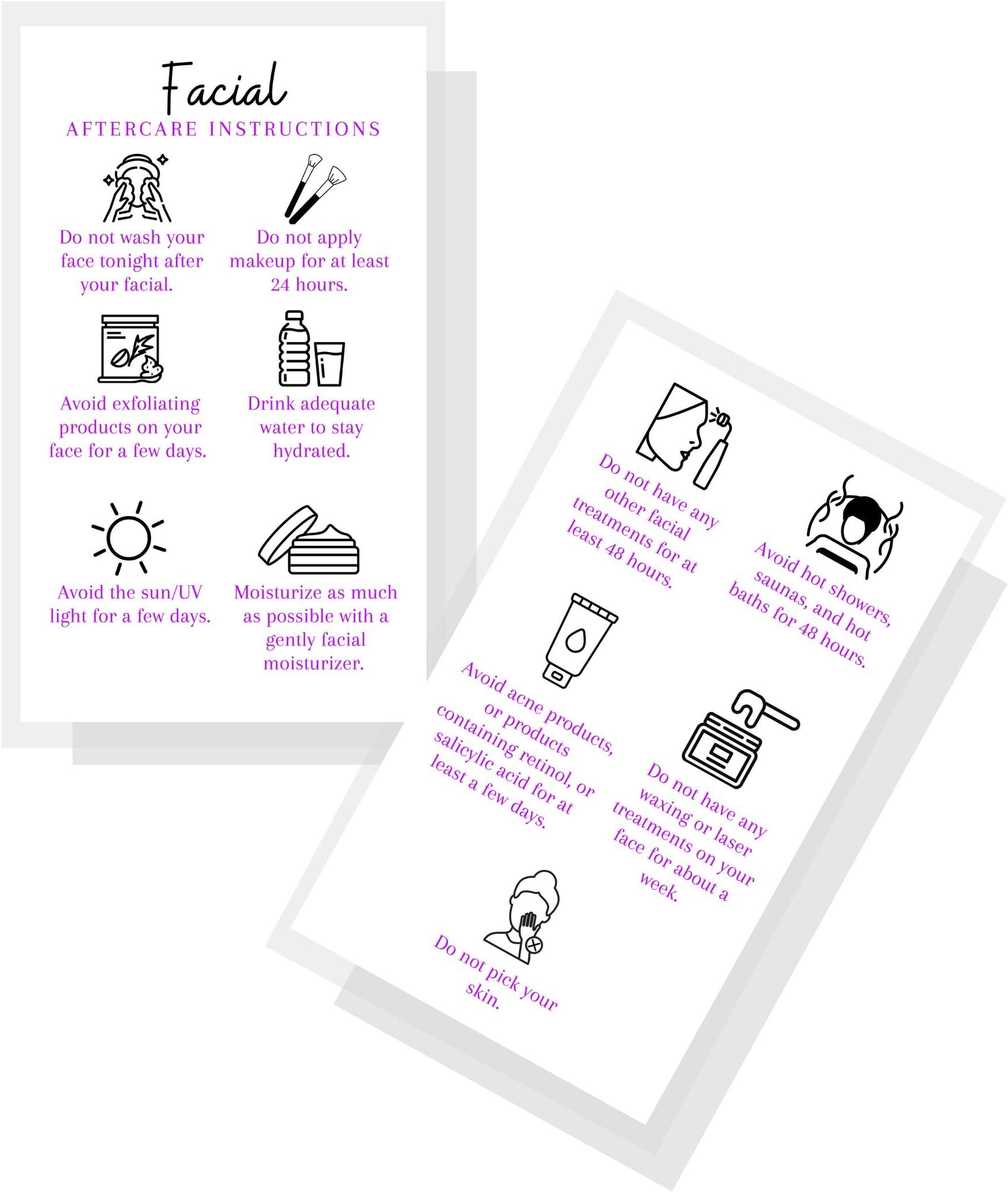 Boutique Marketing LLC Facial Aftercare Cards | 50 Pack | Size 2 x 3.5โ inches Business Card Size | Esthetician | Aftercare Instructions White with Purple Text Design, black, white, purple