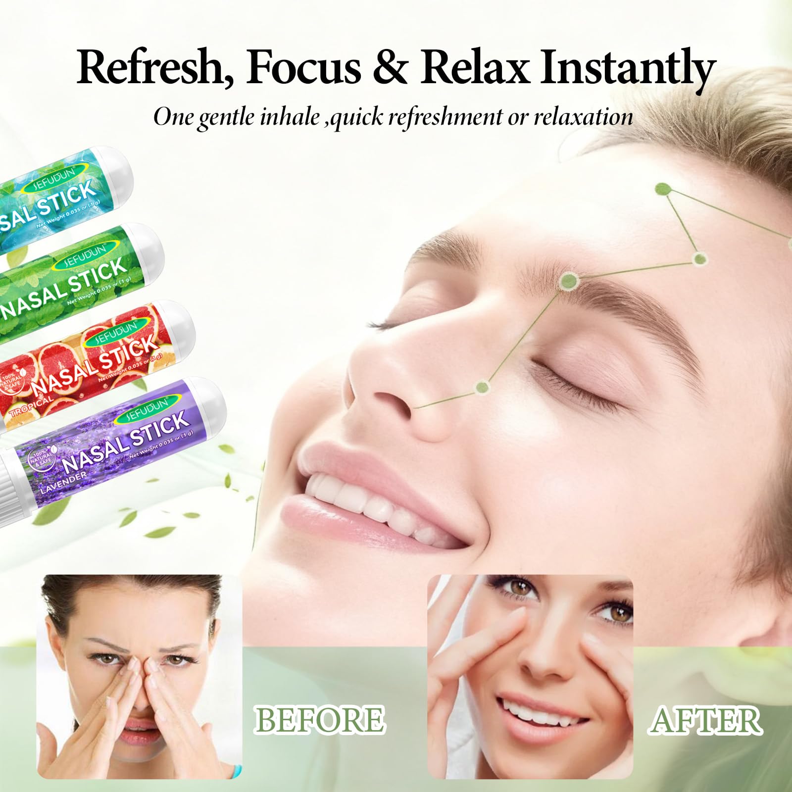 Nasal Stick 8 Pack, Inalatore Nasale, Rapido Sollievo dal Naso Chiuso, Bastoncini Profumati agli oli Essenziali, Migliora la Respirazione e la Concentrazione