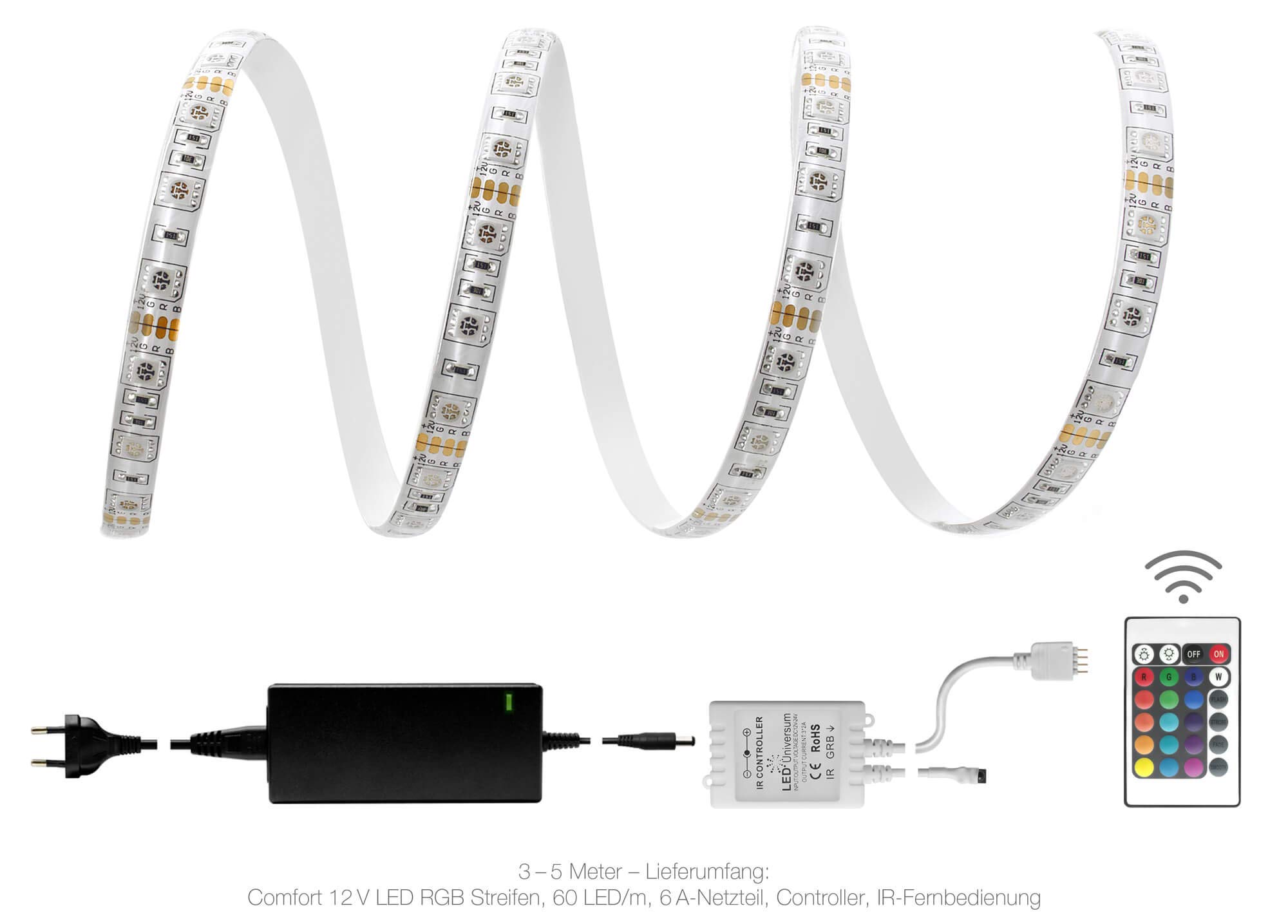 5 m juego Premium RGB LED Tira Luminosa con 60 LED/M (Protección IP65), controlador, mando a distancia de 24 teclas y fuente de alimentación de 5 a