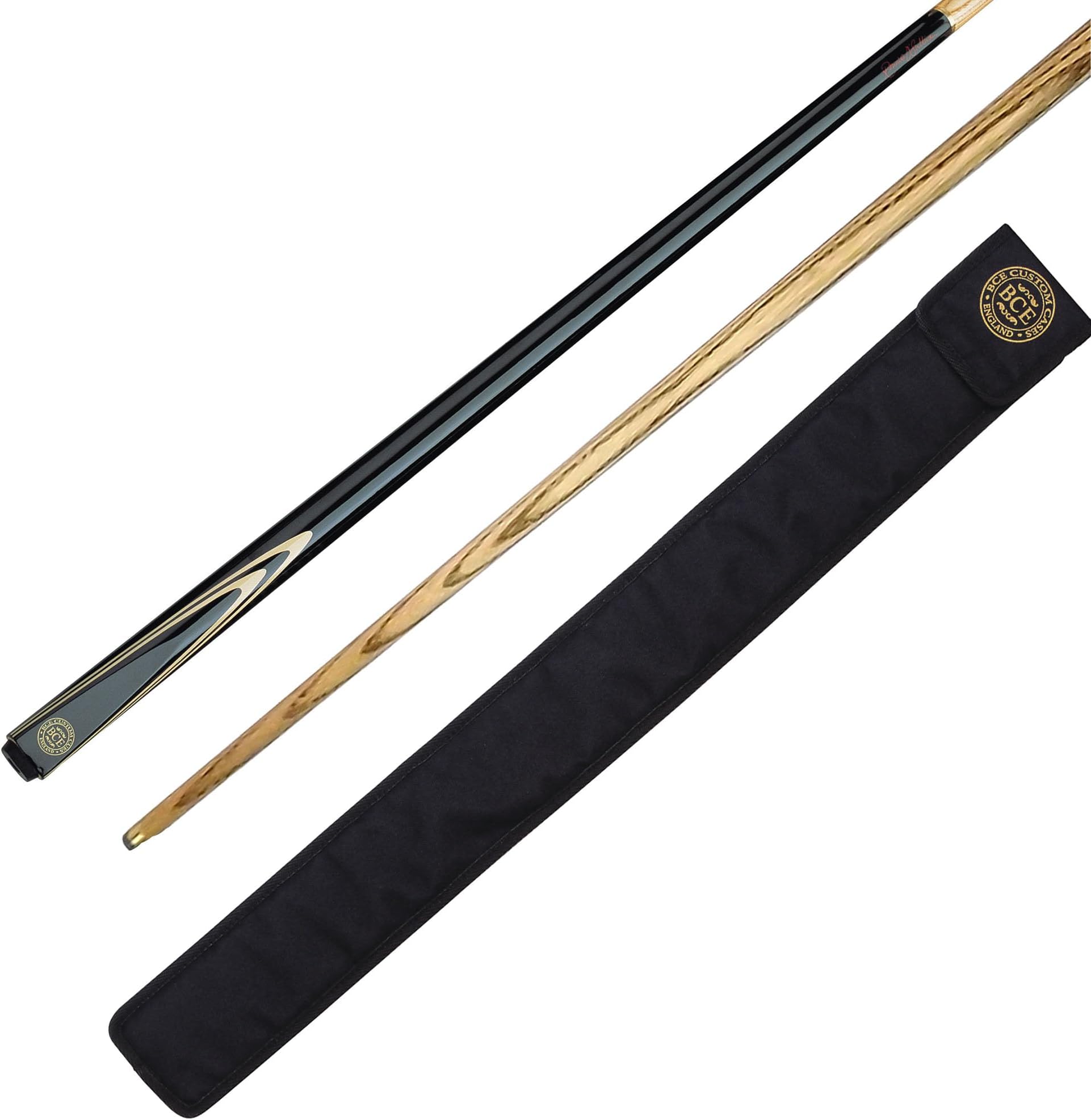 BCE FF200-2 Piece Ash Snooker Cue – 57" Length (145cm), Black Butt & Natural Wood Shaft - with Soft Case