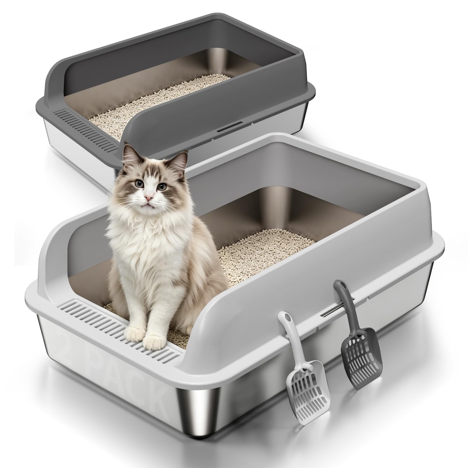 Stainless Steel Cat Litter Tray with Scoops, 2 Pack Large Metal Litter Box with Removable High-Sided Enclosure for Large Cats & Multi-Cats, Leak-Proof, Non-Stick, Easy to Clean & Compact, X-Large