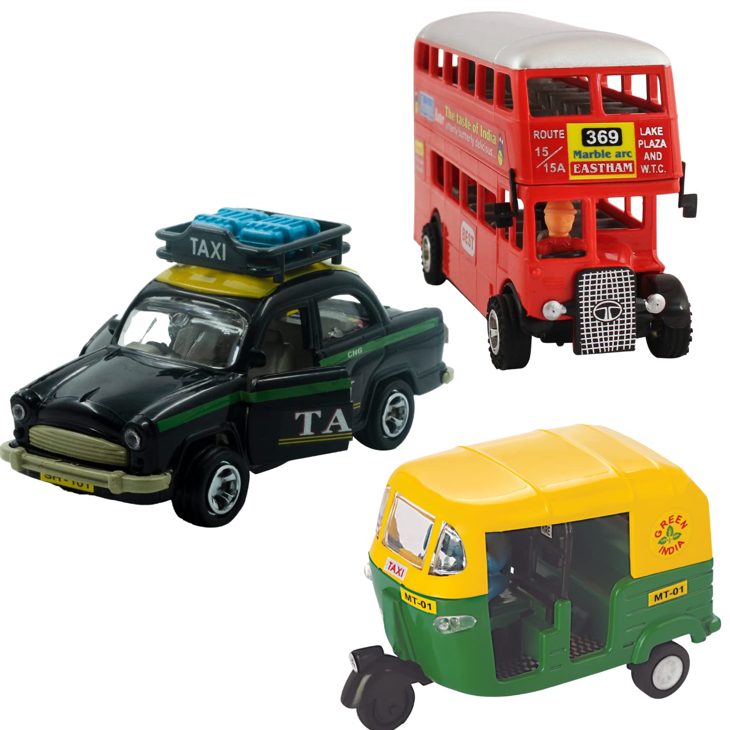 DealBindaas Pull Back Mini Auto CNG | Double Decker Bus Car Model Vehicle Die Cast Toy for Kid Hobby Plastic Make in India Pack of 2
