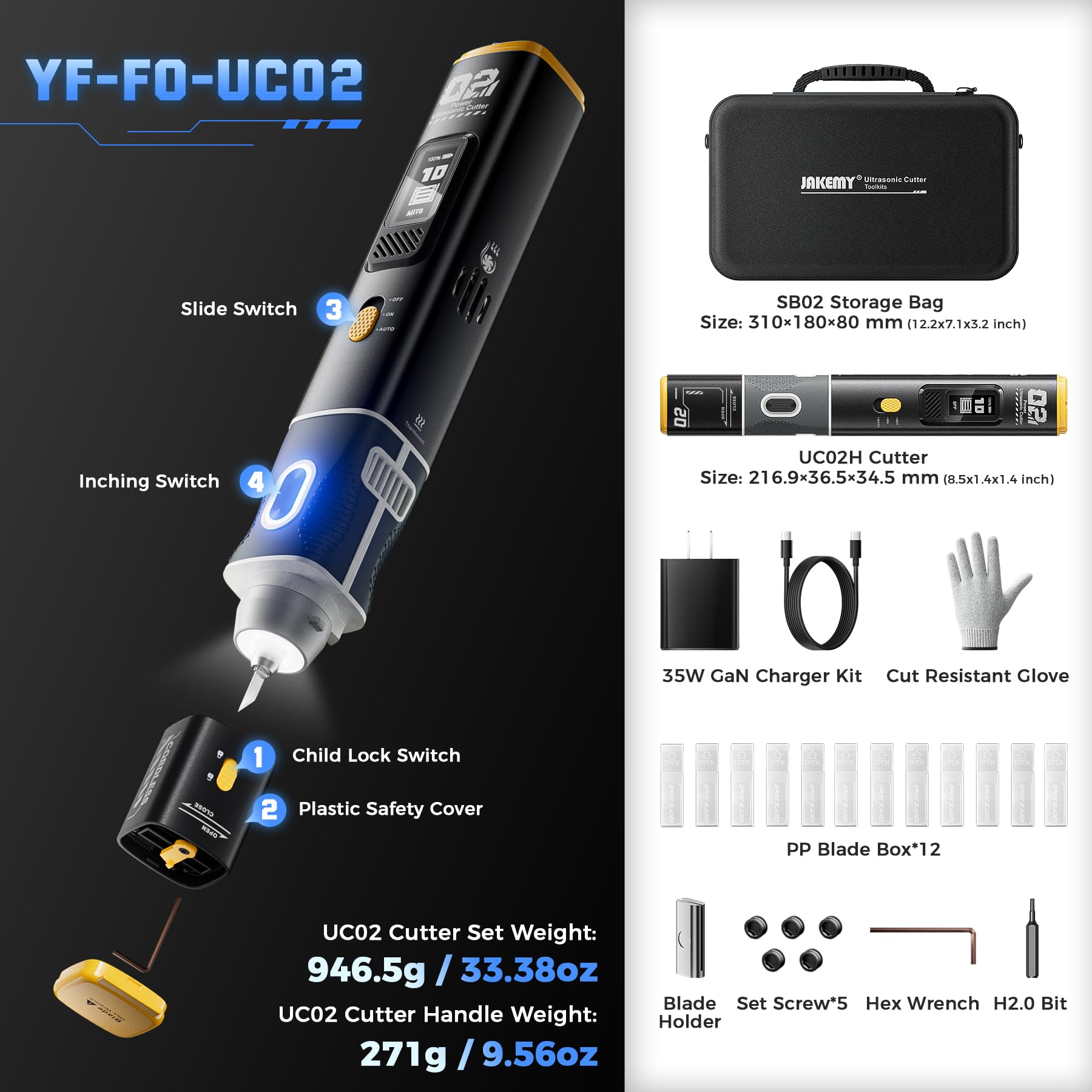 JAKEMY Kabelloser Ultraschall-Schneider, 40kHz 35W, 3 Schneidemodi, 5 austauschbare SK5 Klingen, 2-in-1 Ultraschall-Schneiden & Pr?zisionsschleifen, f邦r 3D-Druck/Modellbau/Gunpla/Harz/Kunststoff