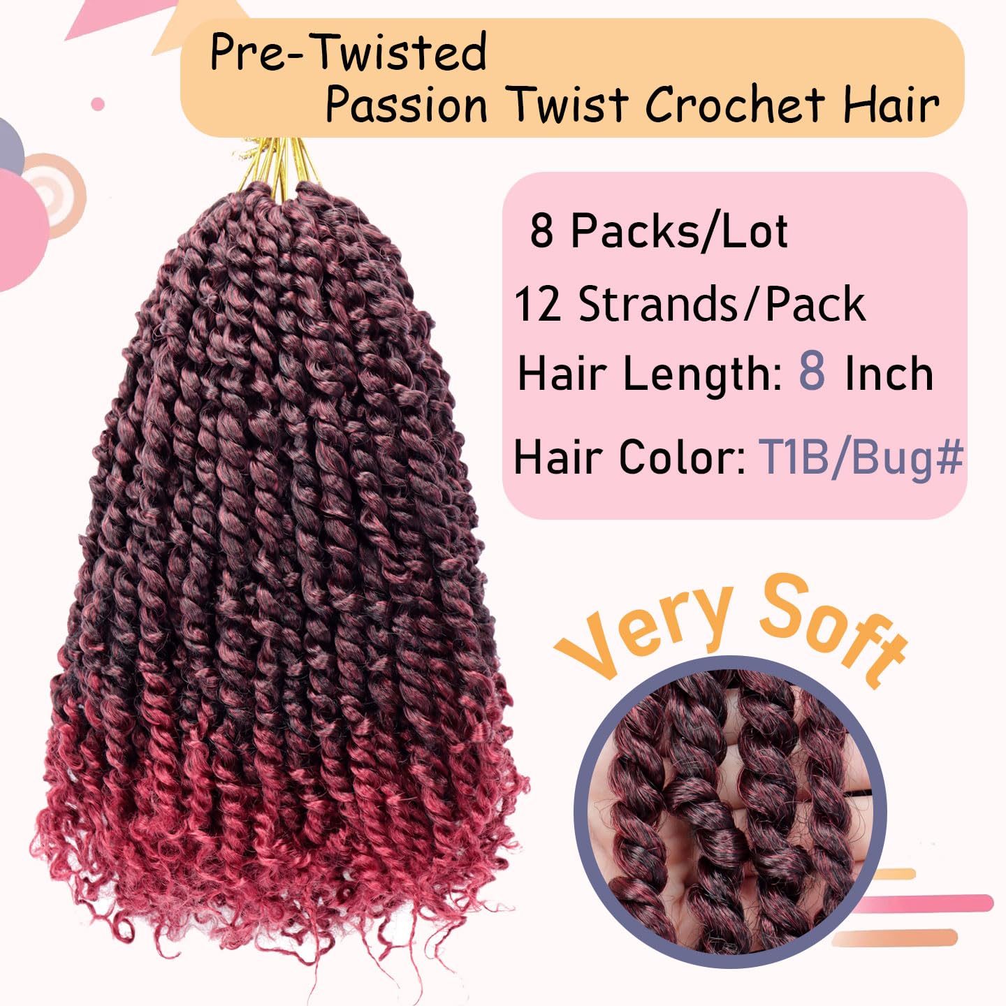 8 Packs Passion Twist Hair 8 Inch Pre-twisted Passion Twist Crochet Hair Pre-looped Crochet Braids Hair for Women Passion Twists Braiding Hair Synthetic Hair Extensions(12Strands/Pack; T1B/BUG#)