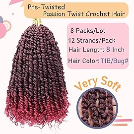 8 Packs Passion Twist Hair 8 Inch Pre-twisted Passion Twist Crochet Hair Pre-looped Crochet Braids Hair for Women Passion Twists Braiding Hair Synthetic Hair Extensions(12Strands/Pack; T1B/BUG)