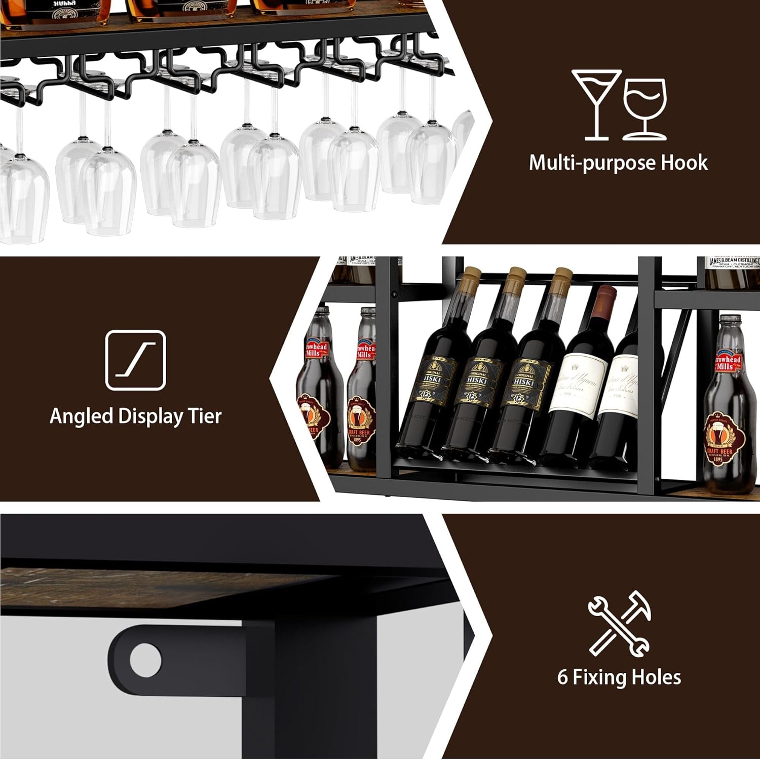 4-Tiers 59in Wine Rack Wall Mounted with LED Light, Floating Bar Shelves for Liquor Bottles, Metal Industrial Hanging Display Shelf for Home Kitchen Bar Cafe Wine Cellar Decoration