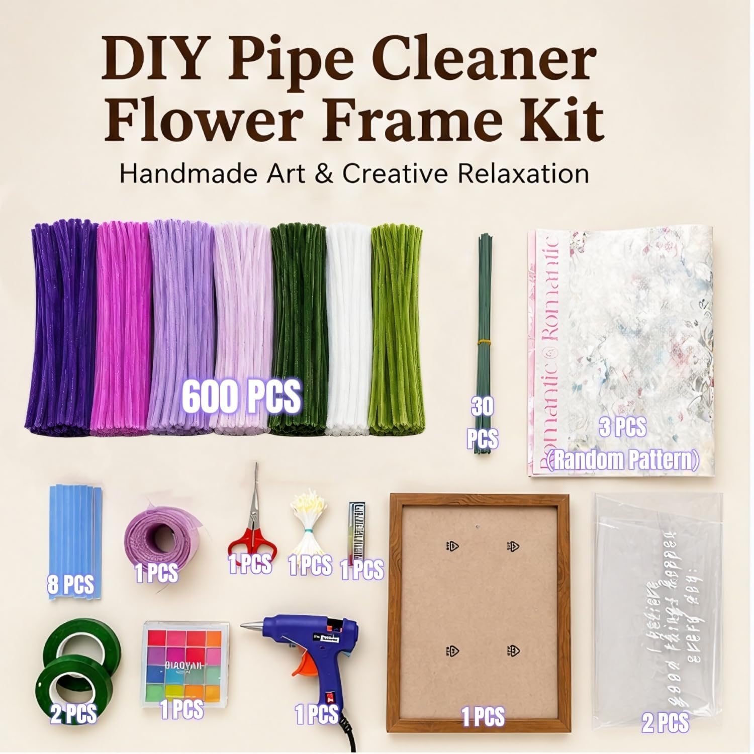 Pipe Cleaner Craft Kit, 600 Pcs Chenille Stems with Complete DIY Floral Craft Supplies, Hot Glue Gun, Picture Frame, Wrapping Paper for Family Fun, Creative Art Projects, Holiday and Room Decoration