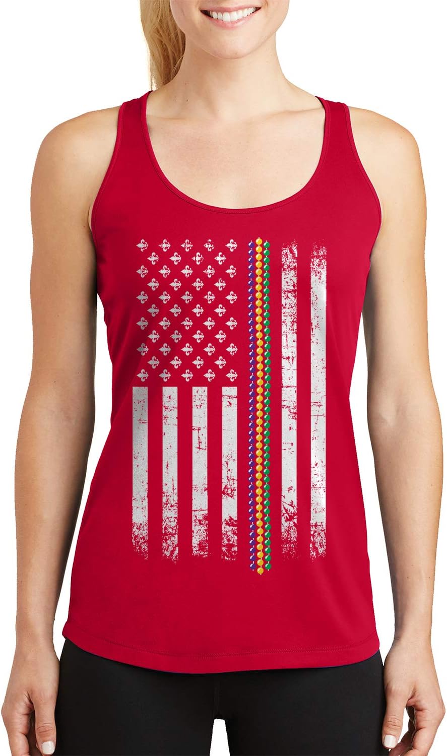 Threadrock Women's Mardi Gras Beads American Flag Racerback Tank Top