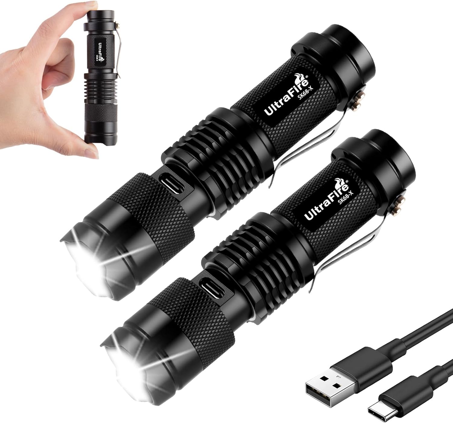 ULTRAFIRE SK68-X Mini Rechargeable Flashlight, Zoomable Tactical EDC Pocket Flashlight, Compact LED Flashlights with Type-C Charging, IPX4 Water for Camping, Emergency, Holiday Gifts (2 Pack)