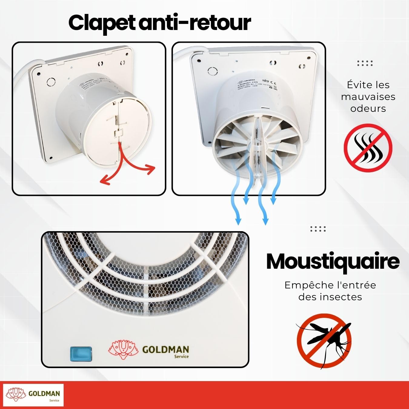 GOLDMAN SERVICE | Extracteur de salle de bain cuisine silencieux, puissant, Ventilateur extracteur d'air, anti-humidité, anti-odeur, Valve anti-retour et moustiquaire | Diamètre : 100 mm