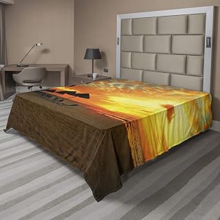 Ambesonne Seaside Flat Sheet, Sunset Scene at Beach Resort Silhouette Romantic Honeymoon Vacation Photo Print, Soft Comfortable Top Sheet Decorative Bedding 1 Piece, King Size, Orange Yellow