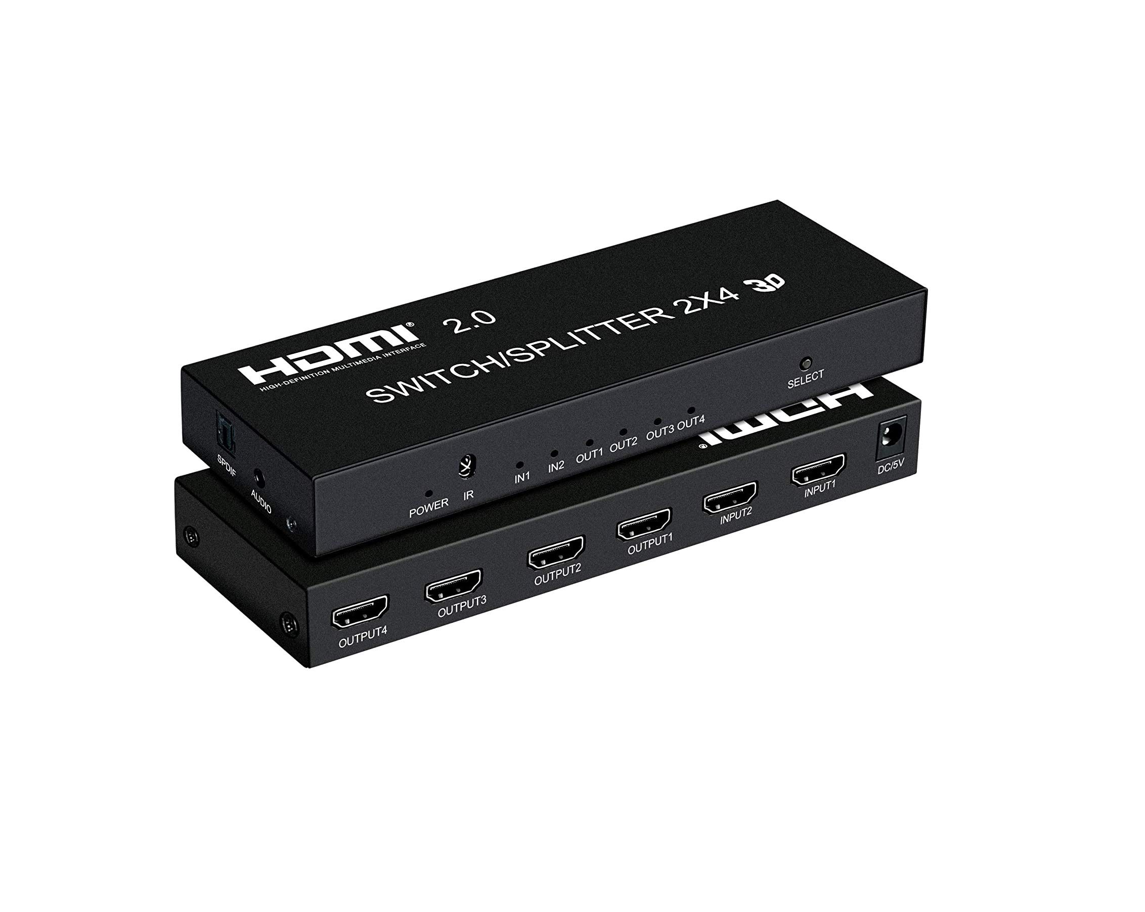 DKURVE 2 x 4 HDMI Switch 2 in 4 Out HDMI Switcher Splitter 4 Out 2 in HDMI 2.0 Switch Splitter Support HD 4Kx2K, 3D, 1080P