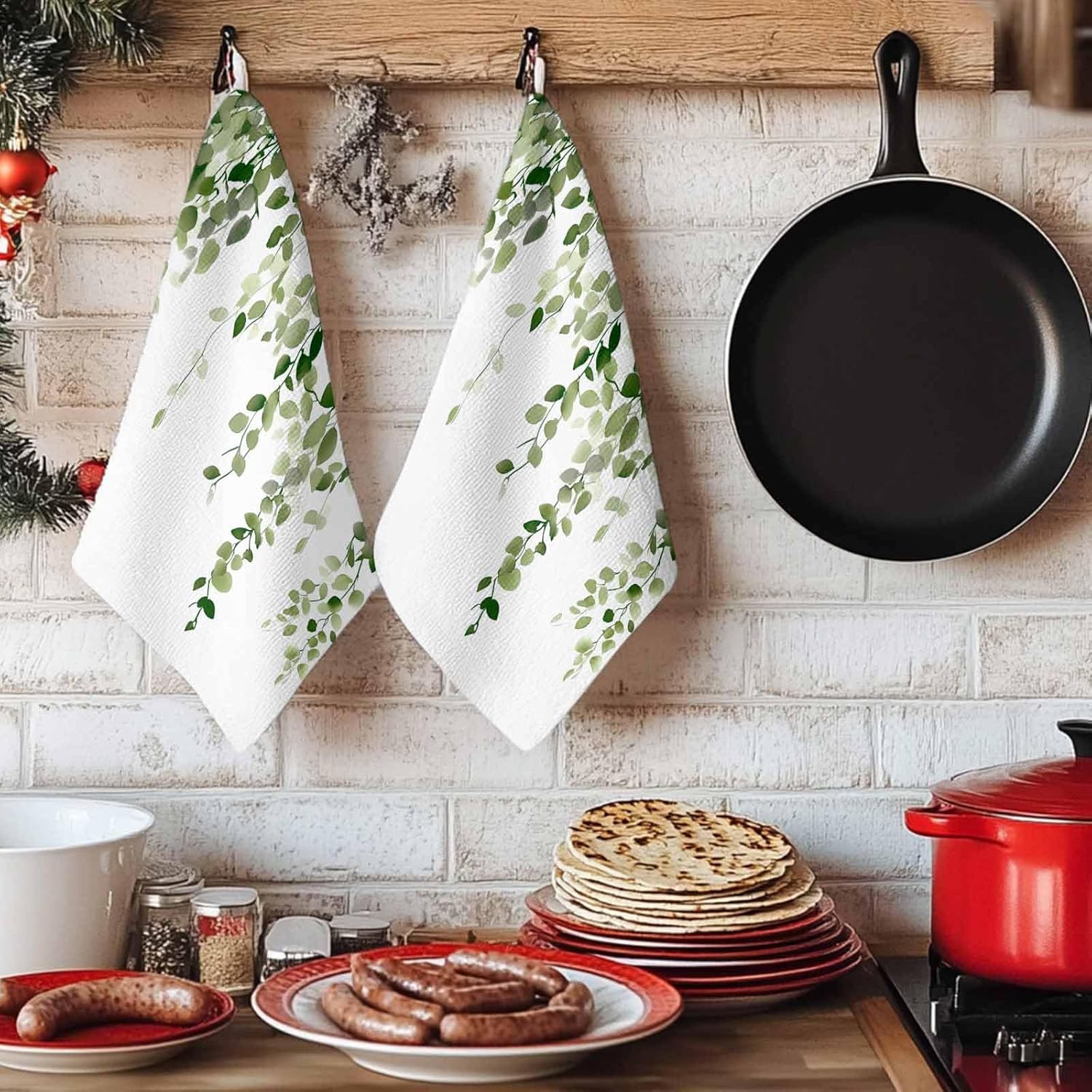 Sage Green Eucalyptus Kitchen Towels Set of 2, Absorbent Dish Towels for Kitchen, Spring Summer Botanical Plants Chic Microfiber Hand Towel, Quick Drying Tea Towel for Cleaning Decorative Dishcloths