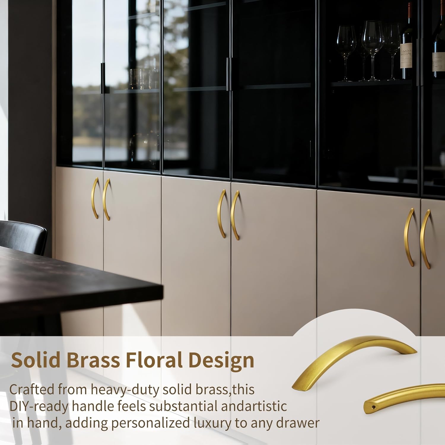 2 Pack Solid Brass Cabinet Pulls 5 Inch Hole Center Gold Curved Handles for Drawer Knobs, Kitchen Dresser Hardware, Modern Brushed Furniture Bathroom