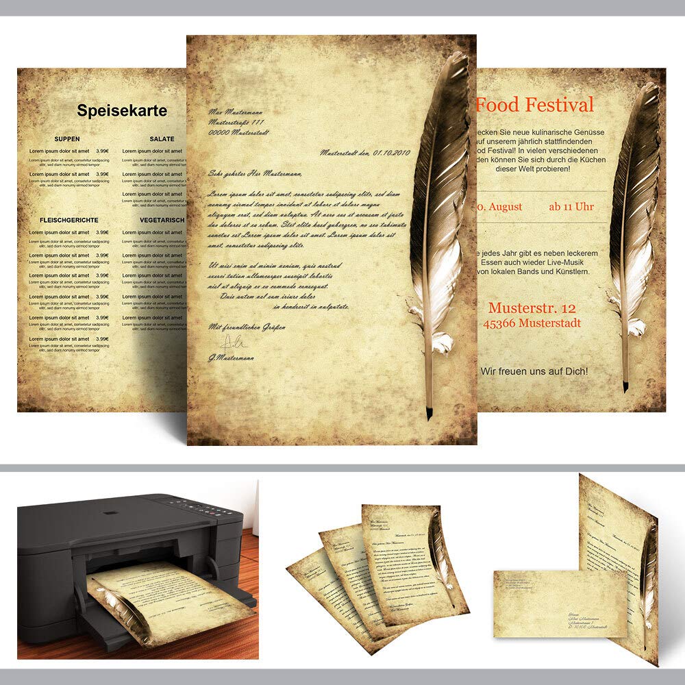 Briefpapier Sets Motivpapier Antik & History, FEDER AUF ALTEM PAPIER 100 Blatt Briefpapier + 100 passende Briefumschläge DIN LANG mit Fenster | Paper-Media