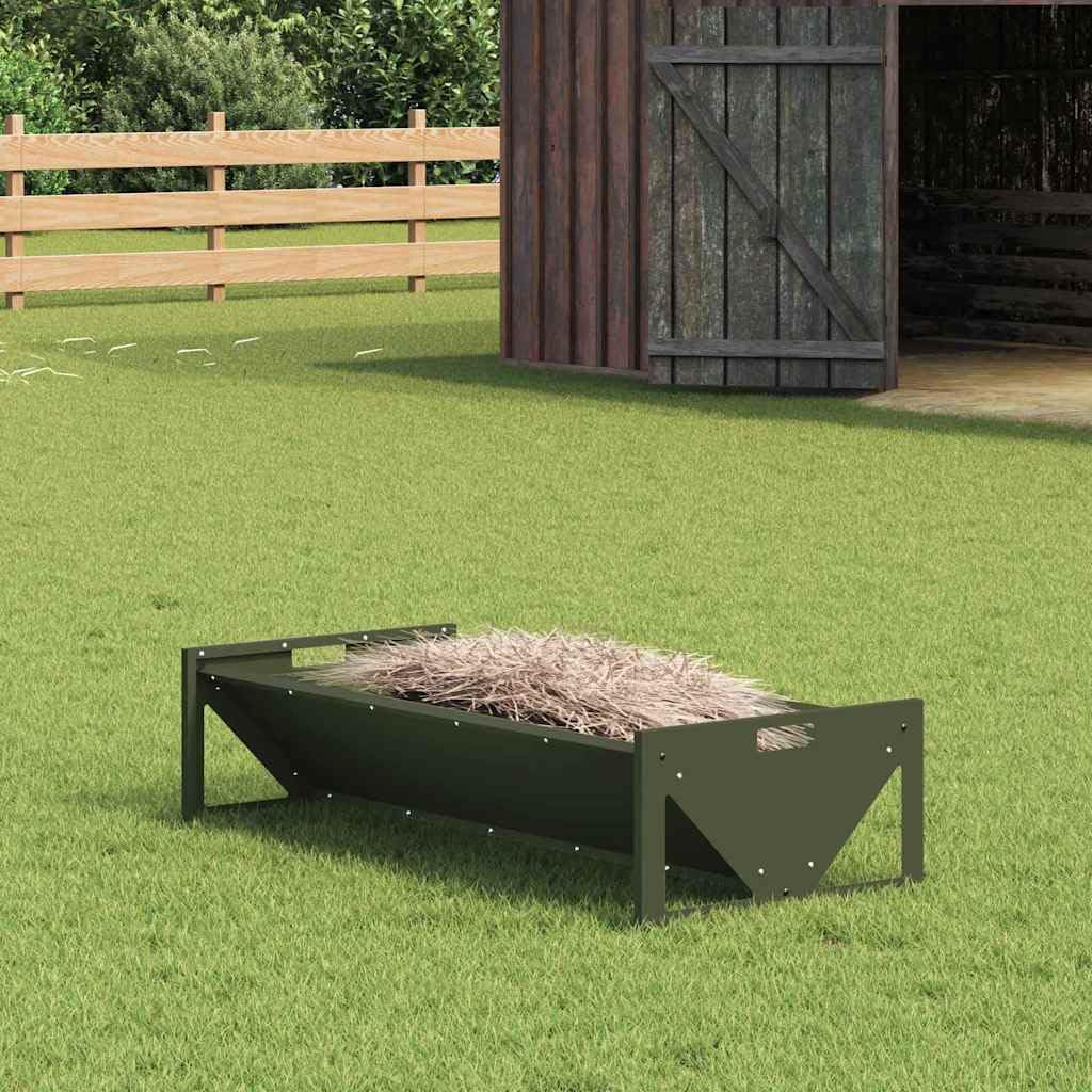 Mangiatoia per animali da fattoria, verde oliva, in acciaio laminato a freddo, 108 x 50 x 28 cm, resistente alle intemperie, robusta, con capacità di 10 kg, per interni ed esterni