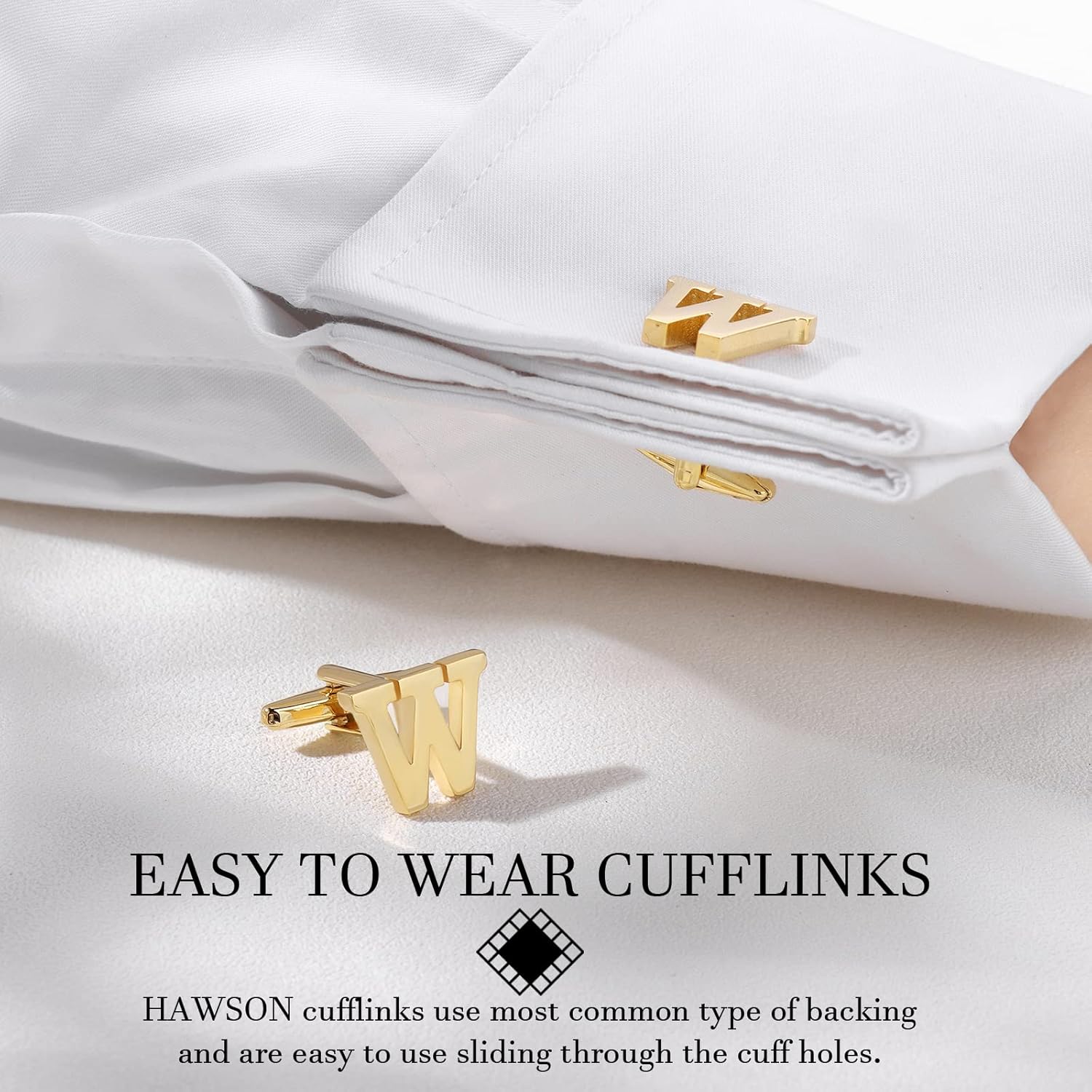 HAWSON Cufflinks for Men, Tie Clips for Boys, Tie Pin for Men, Gold Color Jewelry Set, Boxed Gift Packing, Initial Letter Jewelry for Him