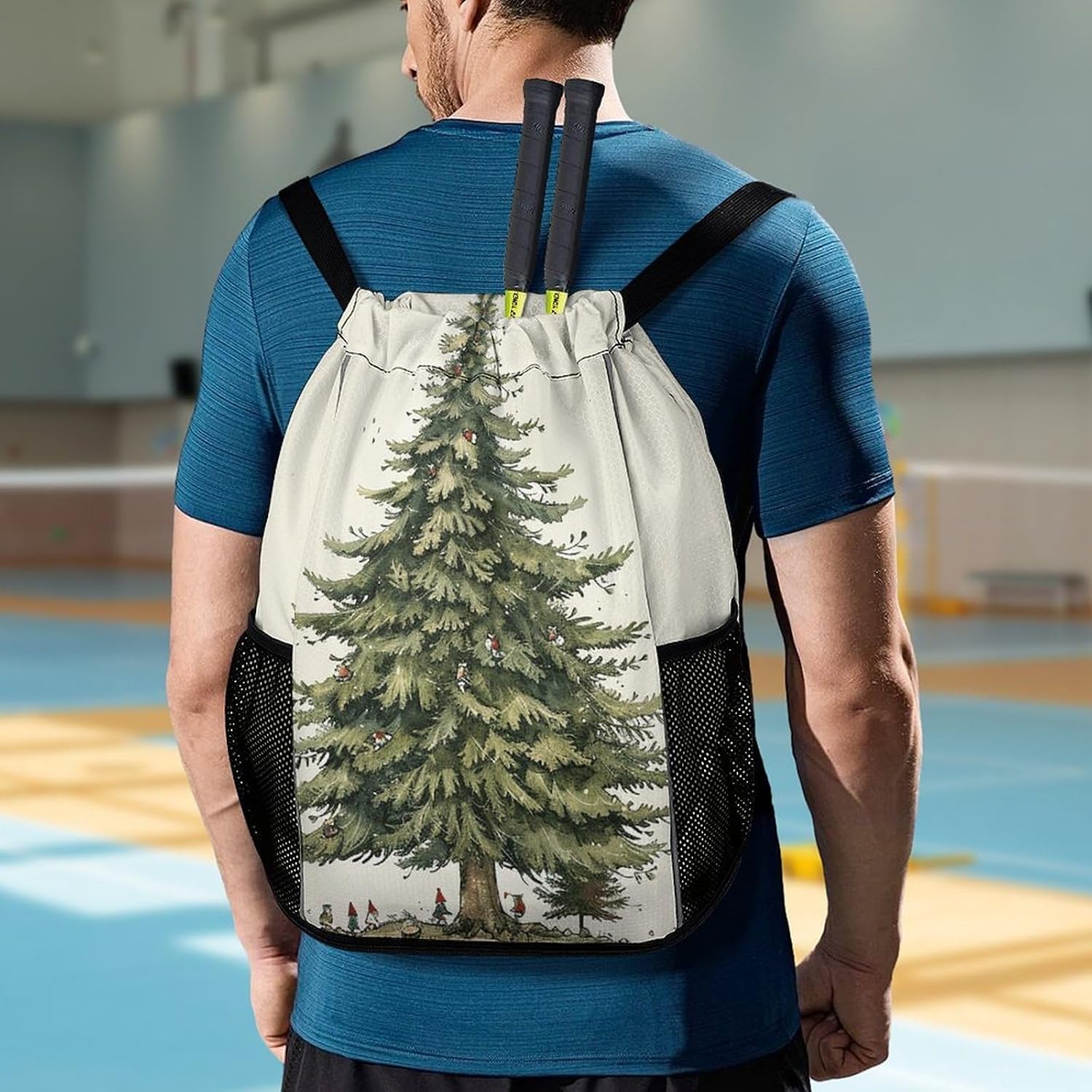 Tall Pine Tree Drawstring Backpack with Wet Pocket - Large Capacity Gym Bag with Shoe Compartment & Mesh Pockets, Adjustable Lightweight Gym Backpack for Swimming, Travel, Workout
