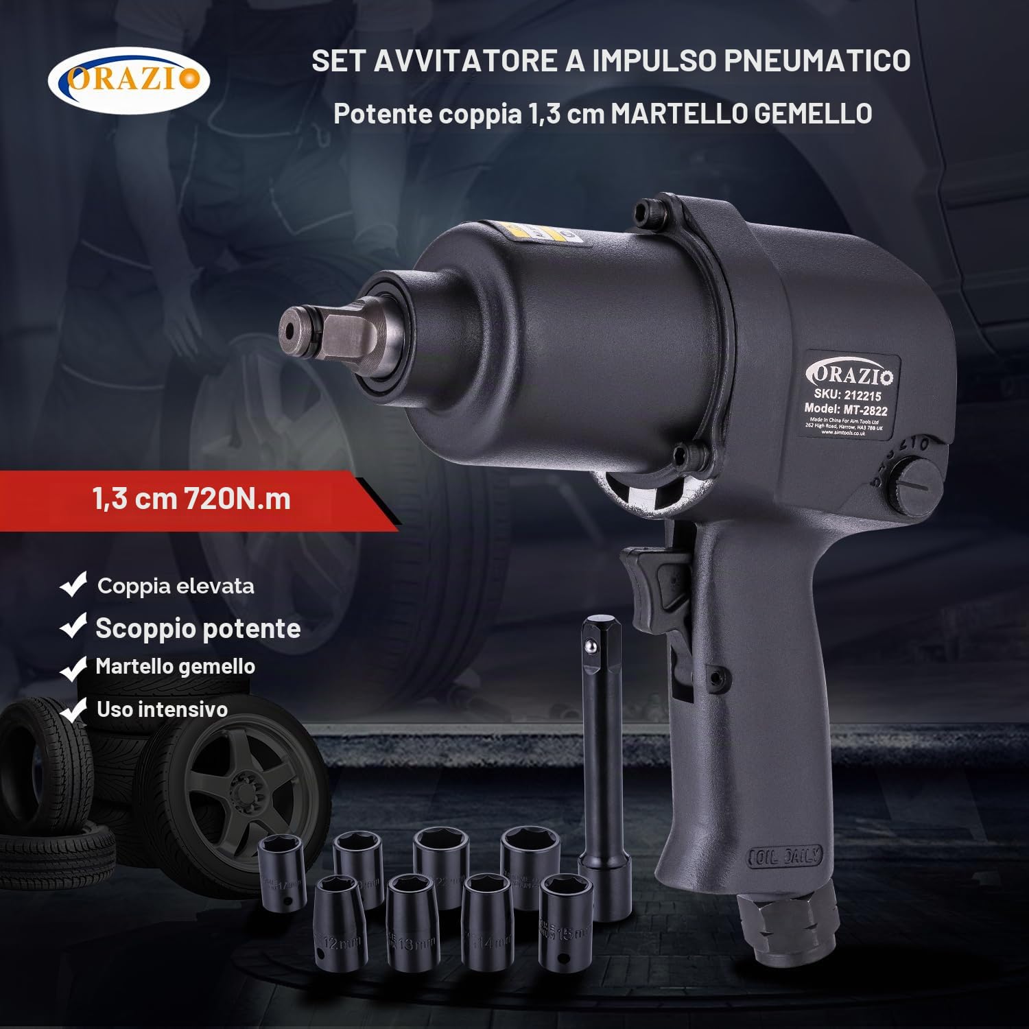 ORAZIO Set di Avvitatore a Impulsi Pneumatico 1/2" 720 NM Twin Hammer con 8 Bussole 12-24mm Professionale Chiave a Percussione ad Aria Svita e Avvita per Ruote Auto Furgoni Moto