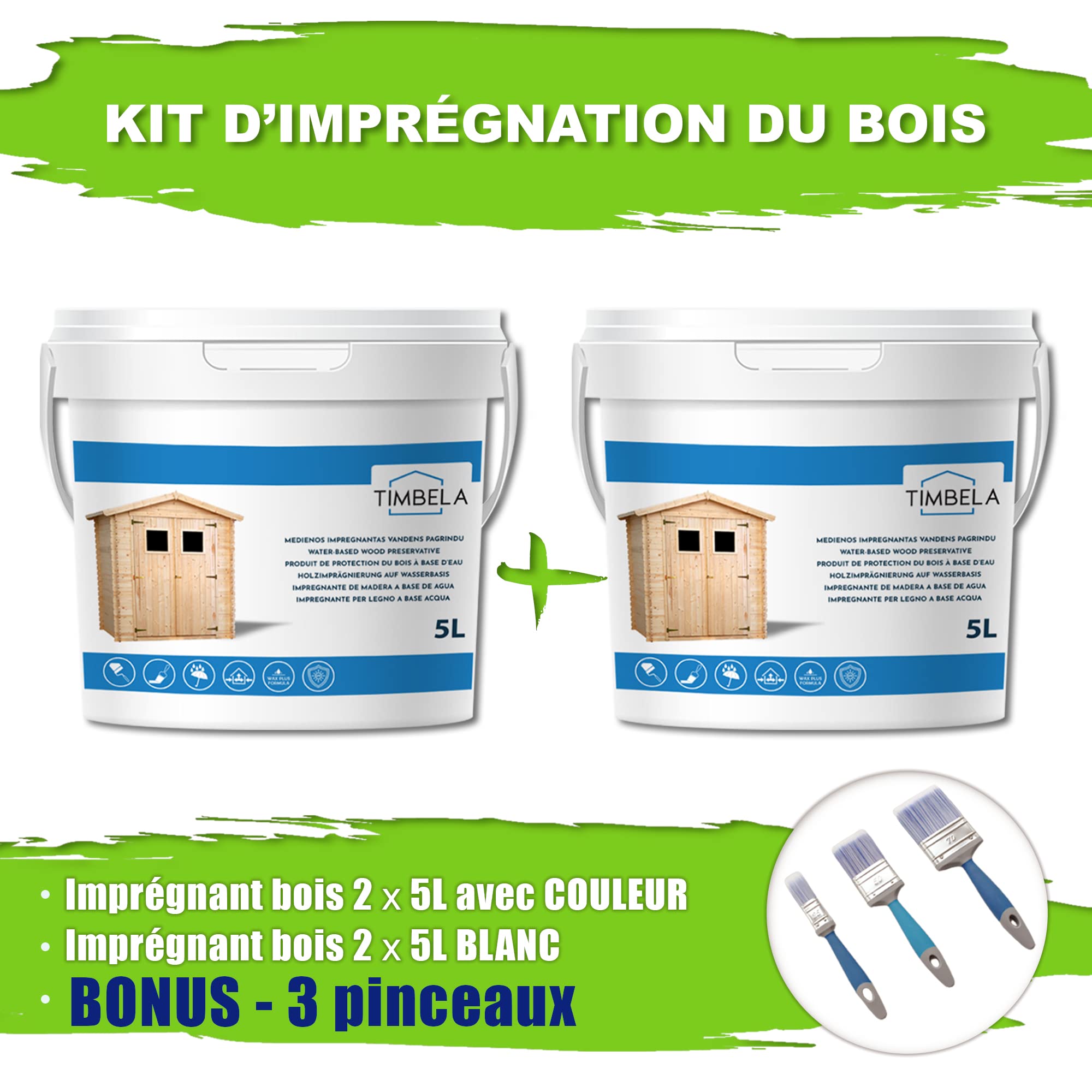 Lot de produits de protection pour la peinture des maisons en bois intérieur et extérieur – 10 l blanc + 10 l acajou + CADEAU lots de pinceaux