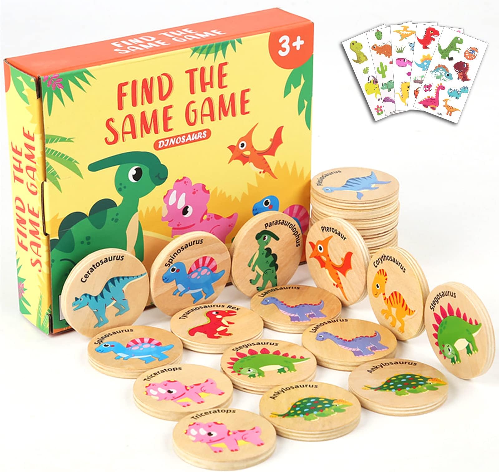 Wooden Match Memory Game for Kids, 24Pc Memory Matching Cards, Educational Memory Matching Game for Pre-Kindergarten Early Learning Development Kids-Dinosaur