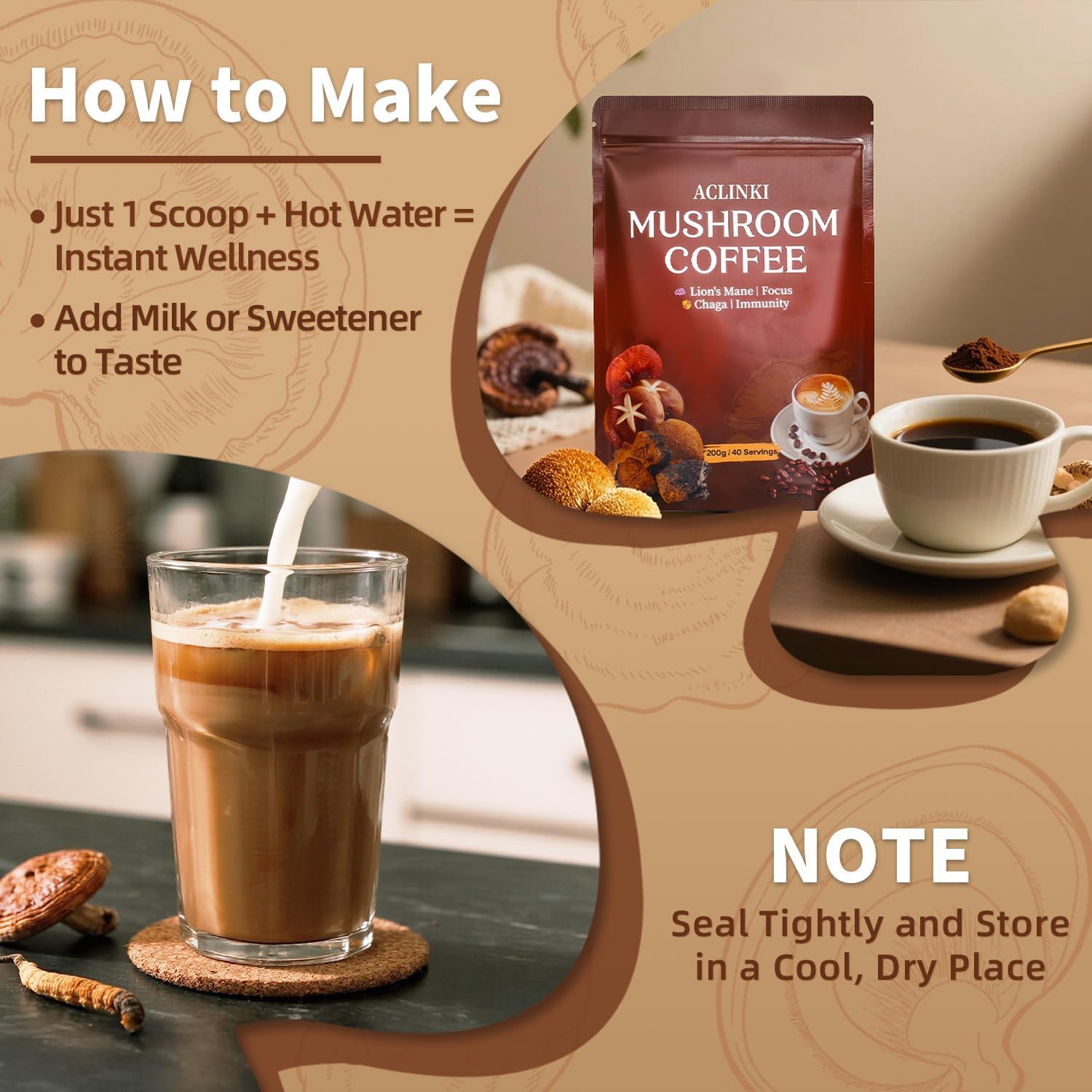 Organic Mushroom Coffee, 7 Adaptogenic Mushrooms (Lion’s Mane, Reishi, Chaga, Cordyceps & More), Herbal Supplement Blend for Focus, Energy & Immune Support – 40 Servings - Image 4