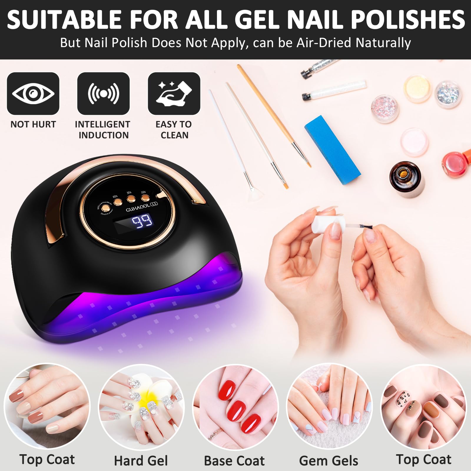 Lampada Unghie UV LED, 180W Fornetto Unghie Può Curare Rapidamente, con 4 Timer 10s/30s/60s/99s,Sensore Di Avvio Automatico, LCD Display Lampada per unghie per Gel Nail Polish Light, Nero