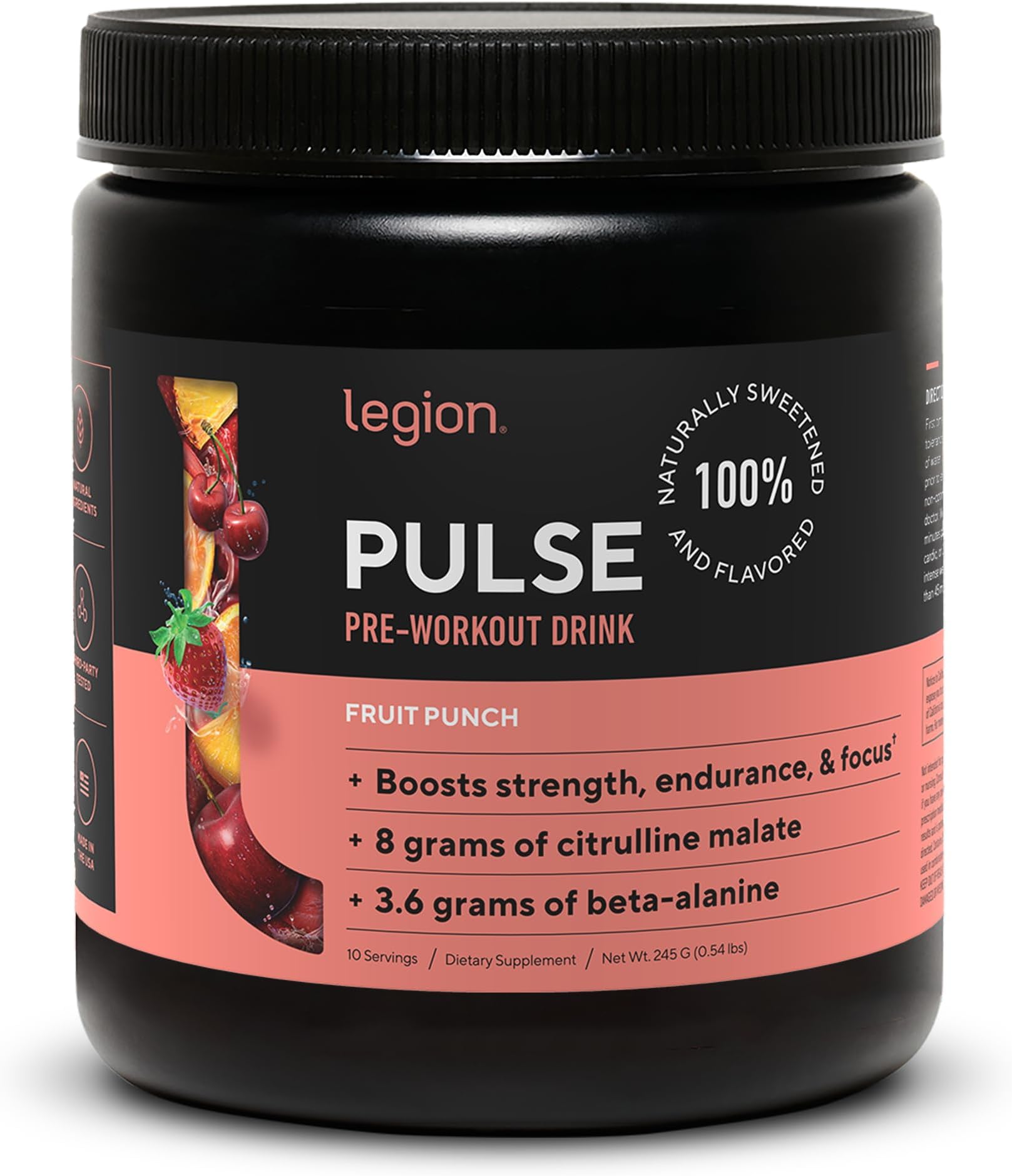 Legion Pulse Pre Workout Supplement - All Natural Nitric Oxide Preworkout Drink to Boost Energy, Creatine Free, Naturally Sweetened, Beta Alanine, Citrulline, Alpha GPC (10 Serving Fruit Punch)