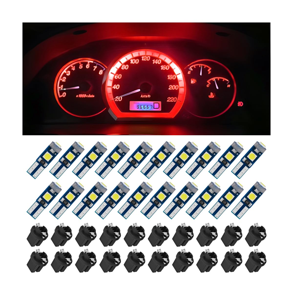 Bittwee T5 LED Lights for Car Dashboard, 20 Pcs 3030-3SMD LED Bulb with Twist Lock Socket, Super Bright Light Bulb for Instrument Cluster Dashboard Panel Gauge Indicator, Car Accessories (Red)