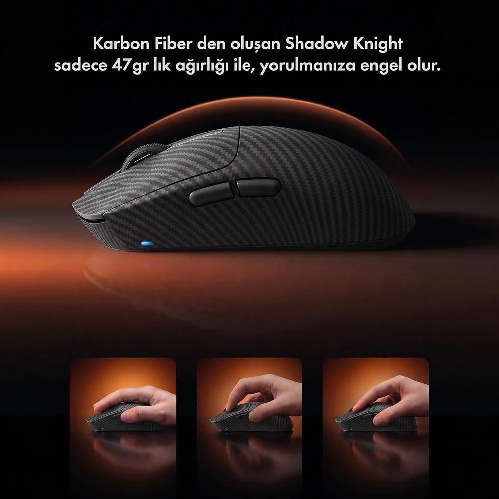 Gameagle Shadow Knight Kablosuz 2.4Ghz Bluetooth Kablolu Ultra Hafif 47gr 1KHz 12000DPI Karbon Fiber Oyuncu Mouse