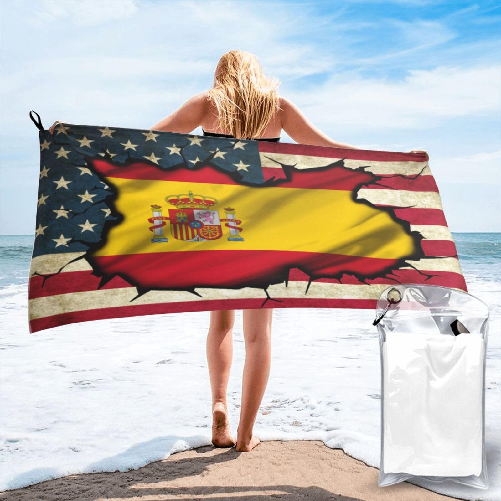 HACXZ Vintage America Flag and Spain Spanish Flag Absorbent Beach Towel Microfiber Beach Towel Lightweight 27.5"X55"