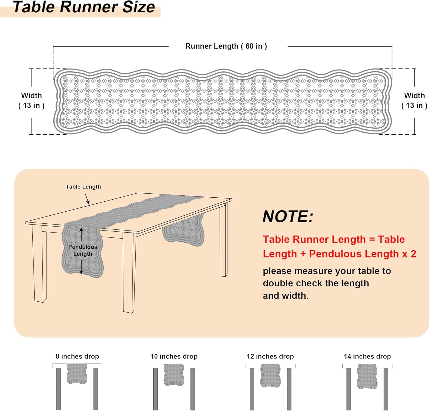 Loom and Mill Quilted Table Runner Farmhouse Style, Natural Fabric Geometric Table Top Linen with Scalloped Edge, Easy Care for Kitchen Dinner Party Holidays All Season Everyday Use(13x 60in, Red)