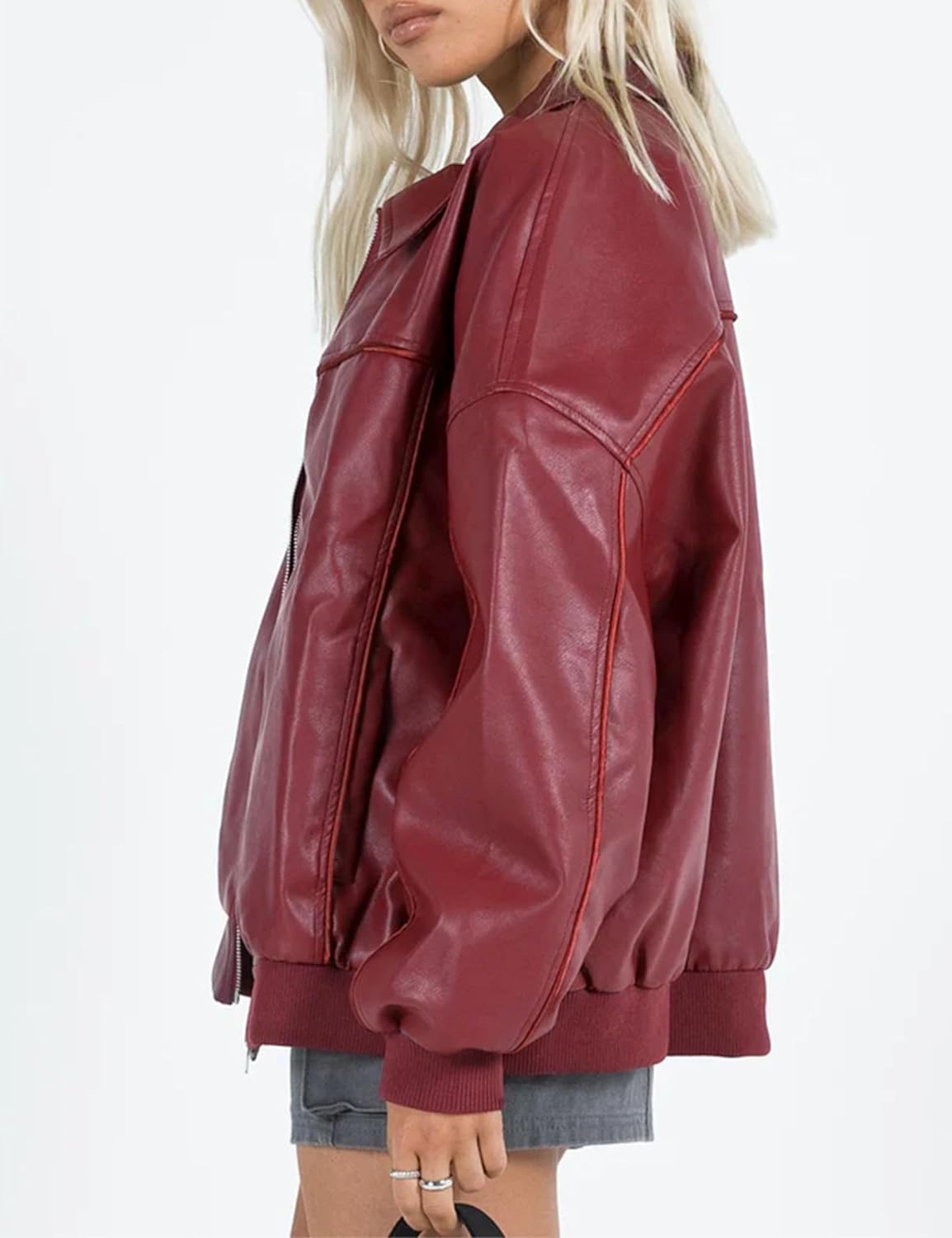 EsheSy Women's Oversized Leather Jacket Faux Suede Boyfriend Motorcycle Full Zip Bomber Jacket - Image 3